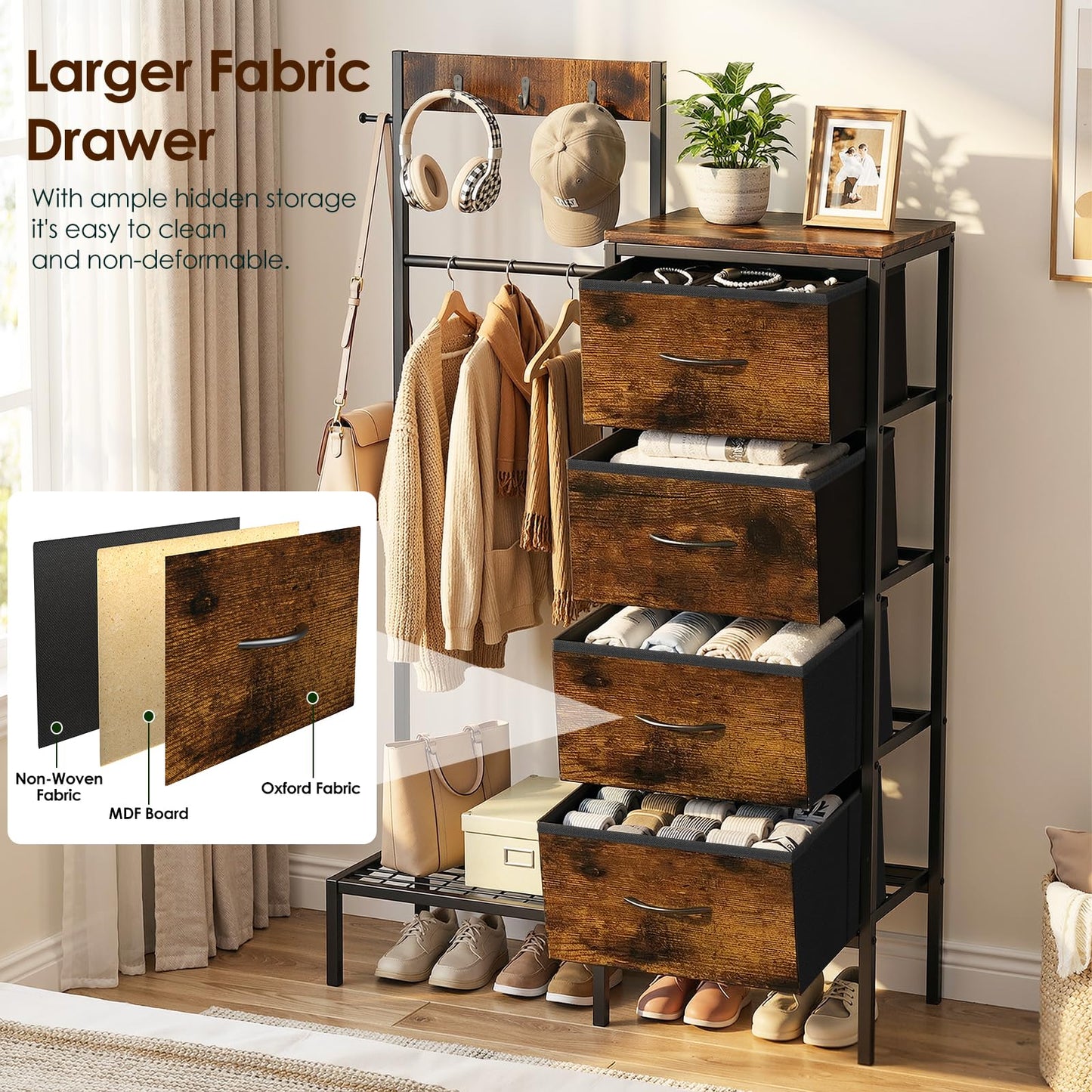 Lewondr Dresser with Hanging Rack and Storage Drawers, 4 Drawer Chest with Hooks and Hat Rack, Rustic Entryway Organizer for Accessories, Brown Wood Finish