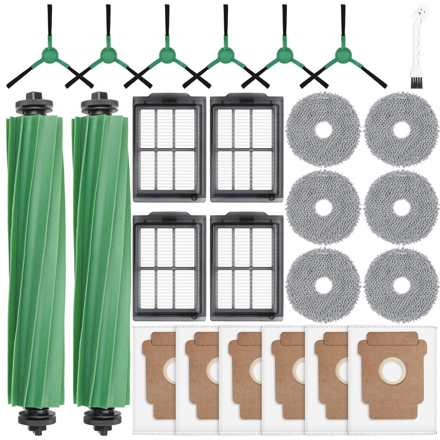 25 Pcs Replacement Parts for iRobot Roomba Plus 405 Combo/505 Combo /507 Combo Robot Vacuum Cleaner, Include 2 Main Brushes, 6 Dust Bags, 6 Mop Pads, 4 Filters, 6 Side Brushes and 1 Cleaning Tool