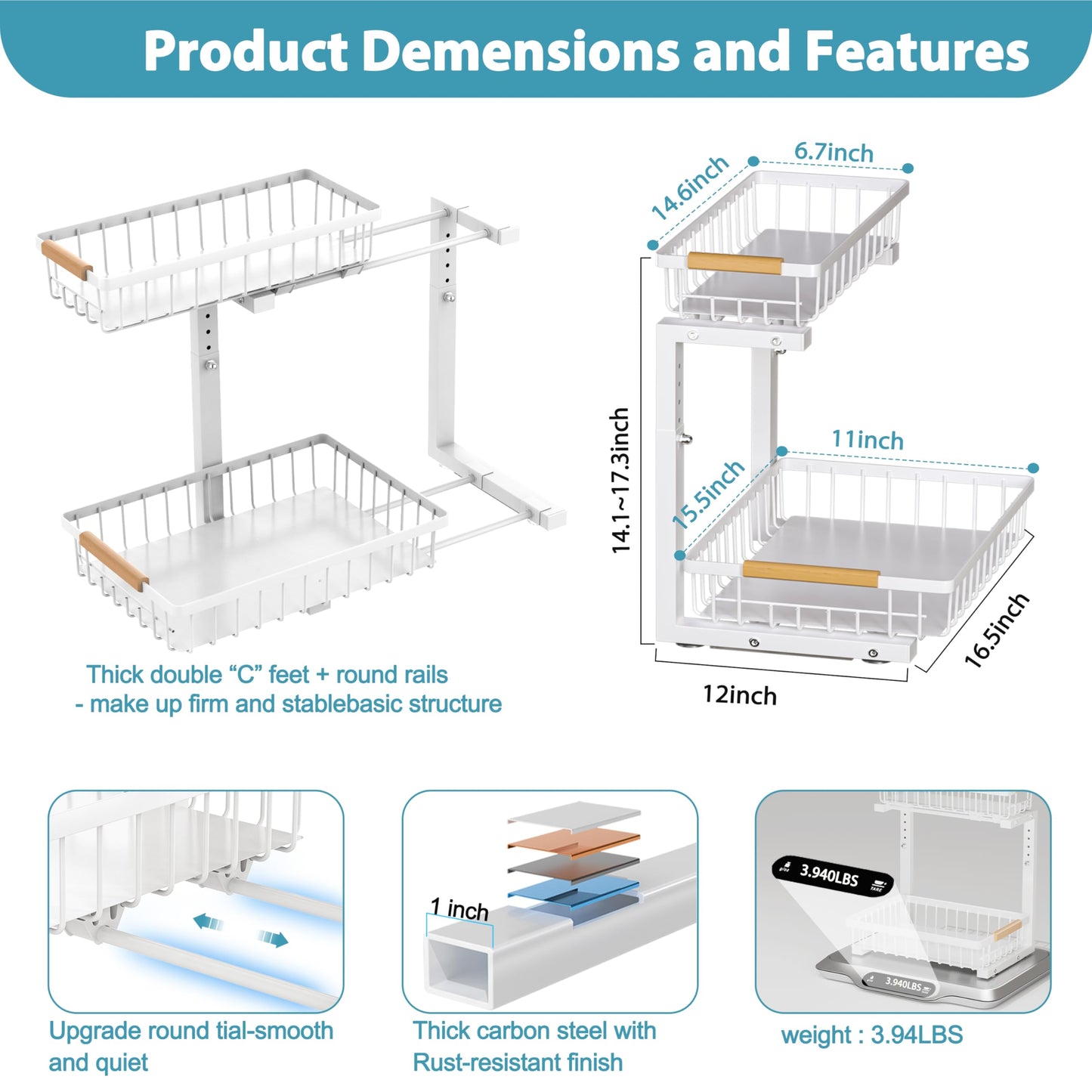 Liuoud Under Sink Organizer 2 Pack, 2 Tier Slide Out Large Capacity Height Adjustable Under Sink Organizers and Storage for Kitchen Bathroom Cabinet, White