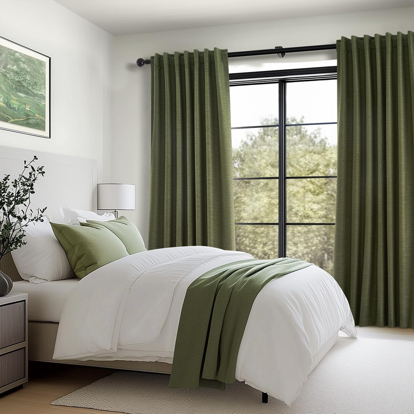 Topfinel Olive Green Linen Blackout Curtains 84 Inch Long for Living Room,Pinch Pleated Drape with Hooks Back Tab Boho Decor, Olive Forest Loden Full Black Out Curtains for Bedroom