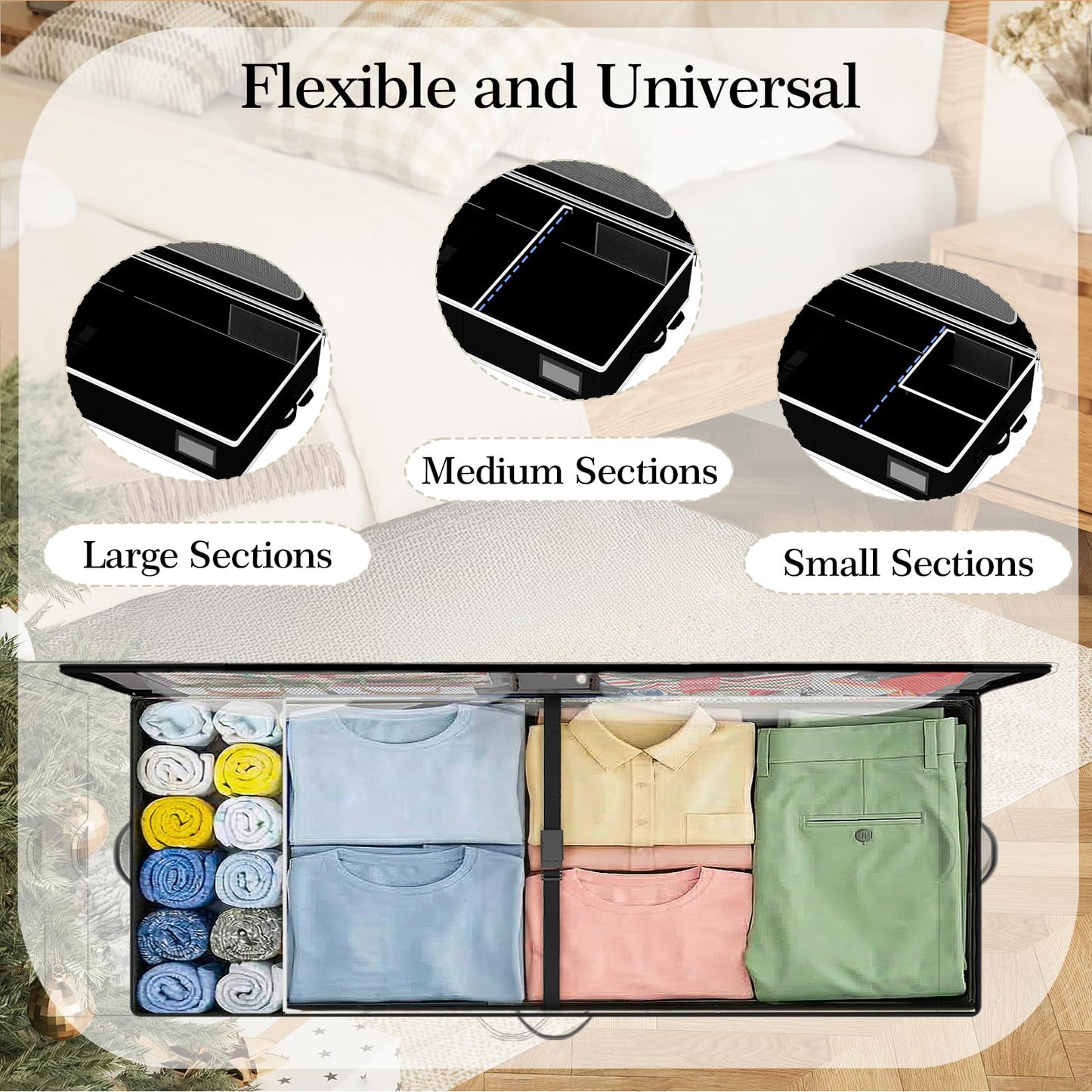 GoMaihe Under Bed Storage with Wheels: 70L Rolling Bins for Wrapping Paper Storage, Toys, Clothes - Includes Mesh Bag & Adjustable Dividers, Metal Frame Easy Pull-out Black 1-Pack