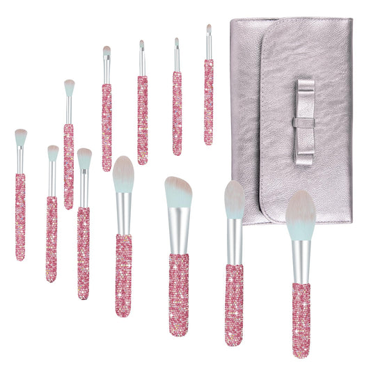 Makeup Brushes Bling Crystal Professional Face Cosmetics Blending Liquid Foundation Powder Concealer Eye Shadows Make Up Beauty Tool Glitter(12PCS) (Purely Handmade)(Pink)