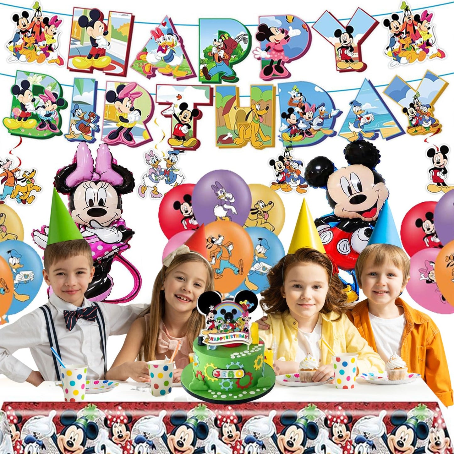 Cartoon Party Supplies, Cute Mouse Birthday Party Decorations Include Happy Birthday Banner, Balloons, Hanging Swirls, Stickers, Cake Toppers, Tablecloth