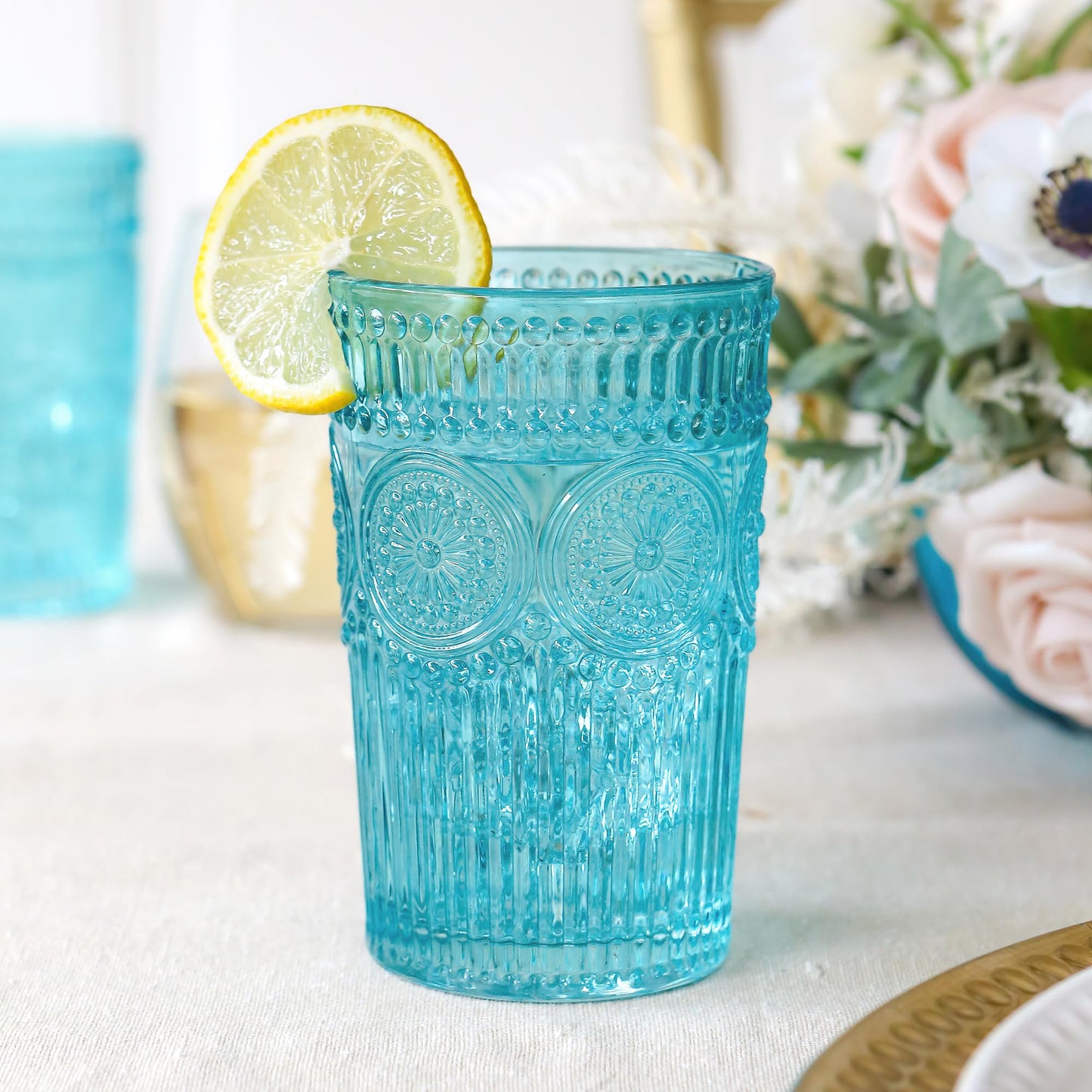 Kate Aspen Vintage Textured Aqua Blue Striped Drinking Glasses Set of 6-13 oz Ribbed Glassware with Flower Design | Cocktail Set, Juice Glass, Water Tumbler