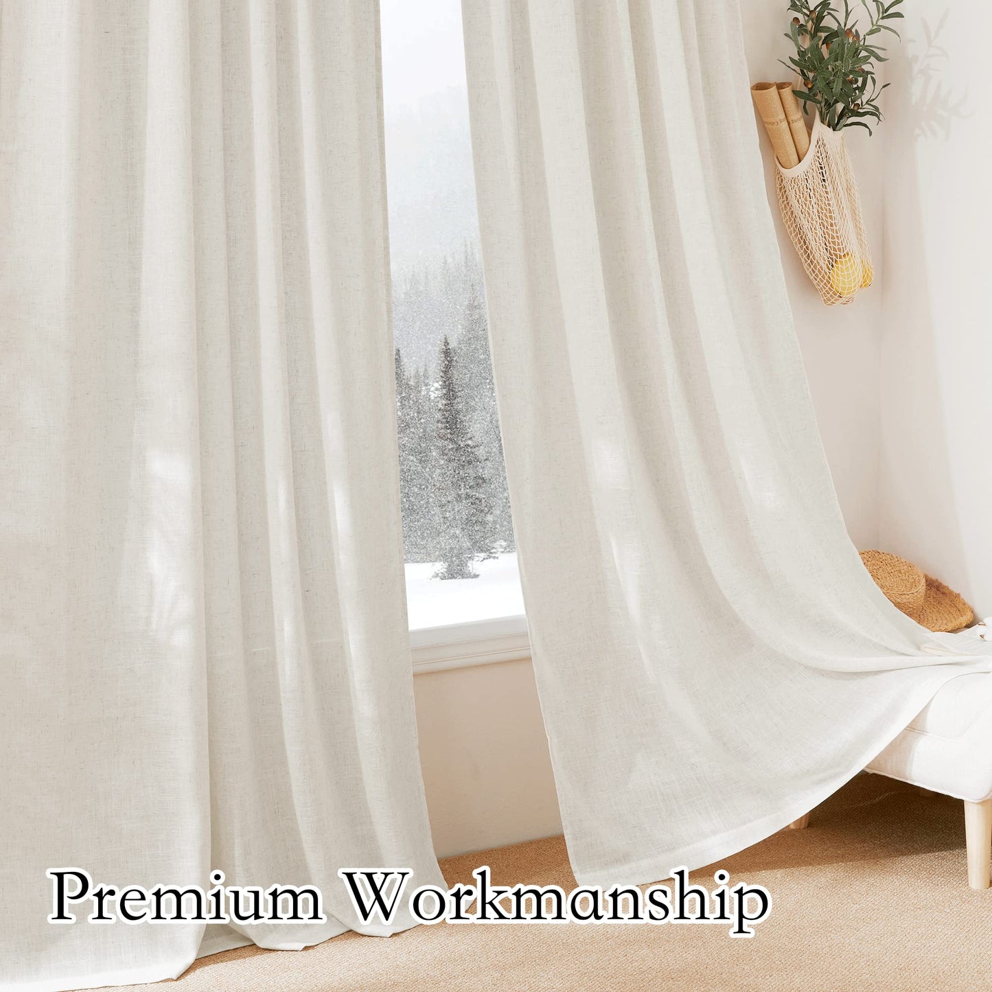 RYB HOME 108 inch Curtains - Flax Linen Blend Semi Sheer Light Glare Filtering Extra Long Drapes for Living Room Dining Doorway Farmhouse Office Sunroom, Linen, Wide 52" by Long 108", 2 Panels