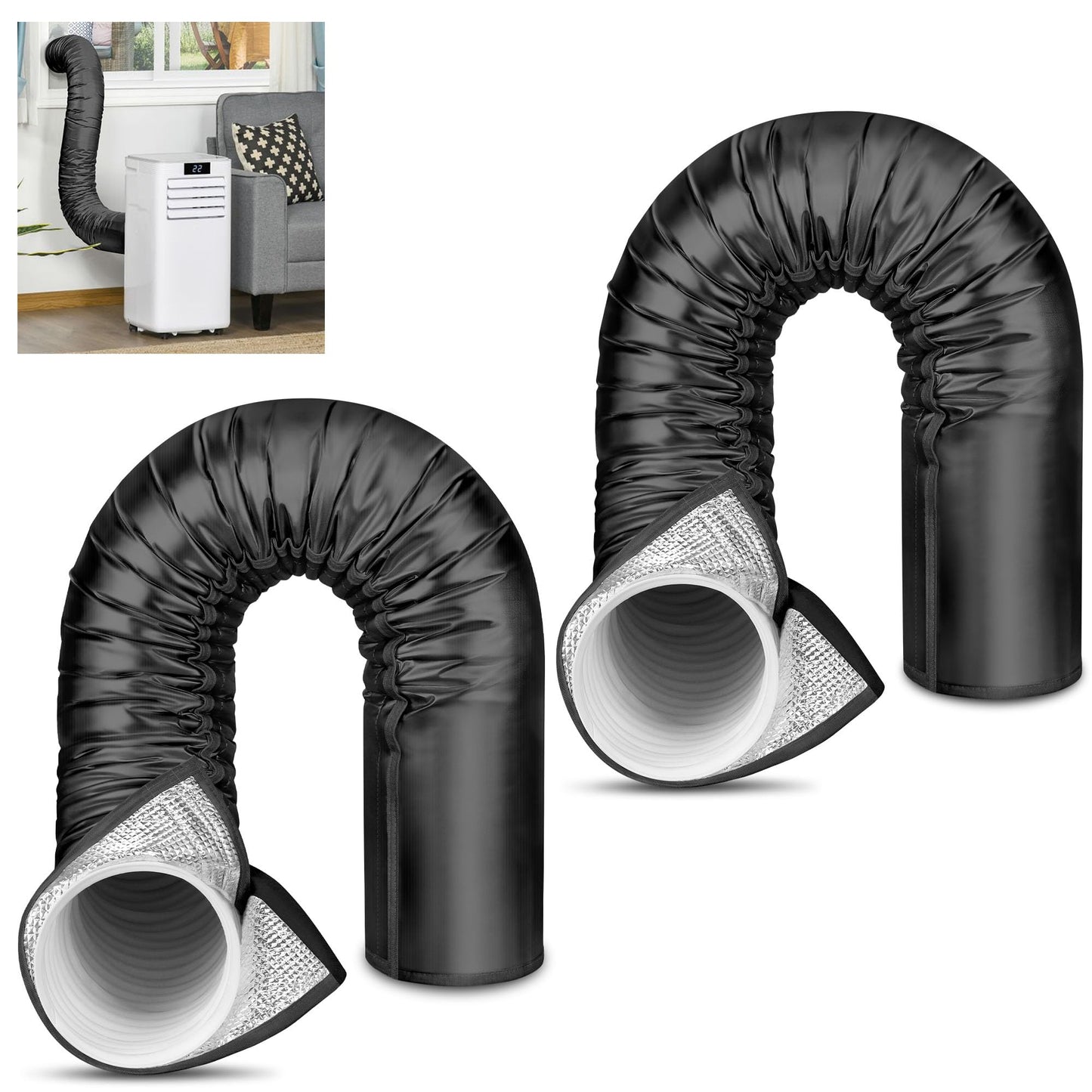 2 Packs Upgraded Portable AC Hose Insulation Sleeve, 3 Layers Insulated Air Conditioner Hose Cover Wrap with Aluminum Foil, Reduce Heat & Improve Cooling Efficiency, Fits 5" & 5.9" Exhaust Hose, Black