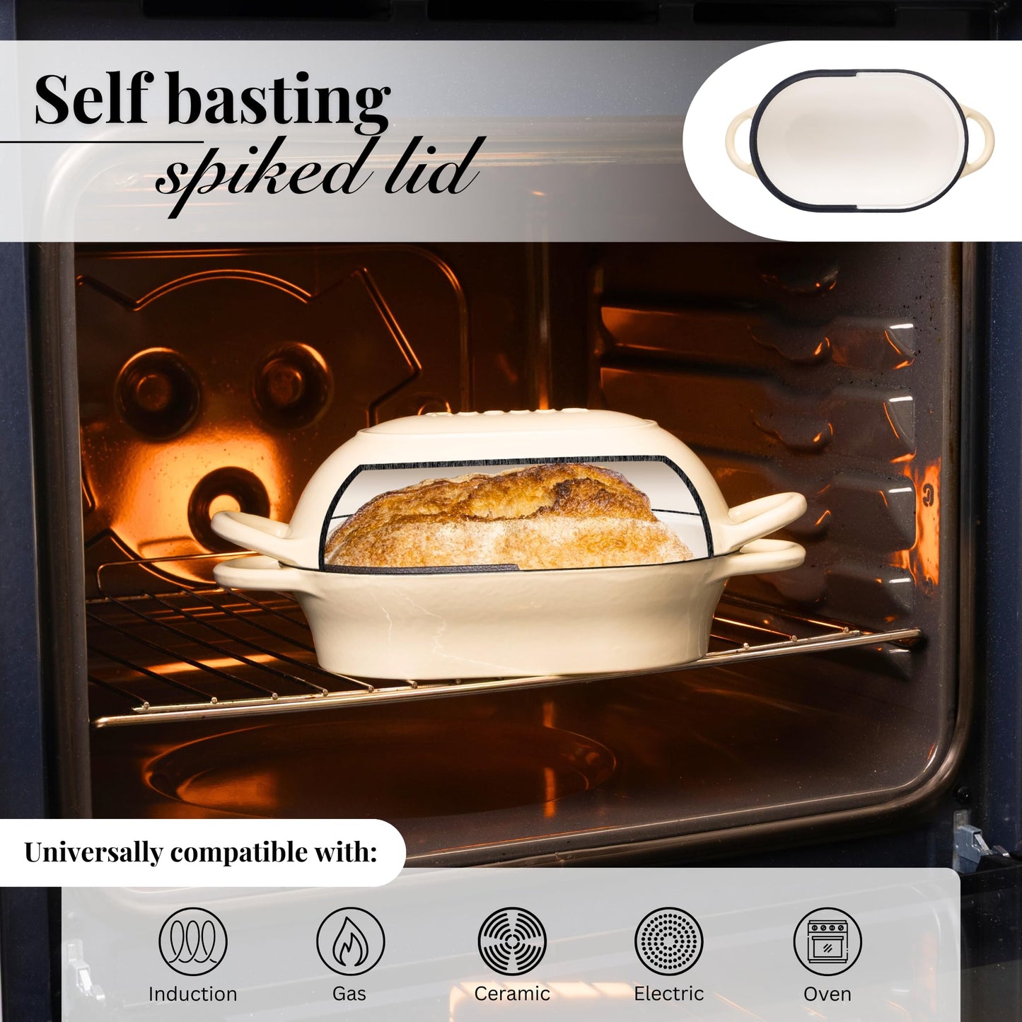 Dutch Oven For Sourdough Bread Baking – Enamelled Cast Iron Bread Loaf Pot – Oven Safe Non Stick Bread Pot – Rectangular, Cream, 24cm x 16cm – by Nuovva