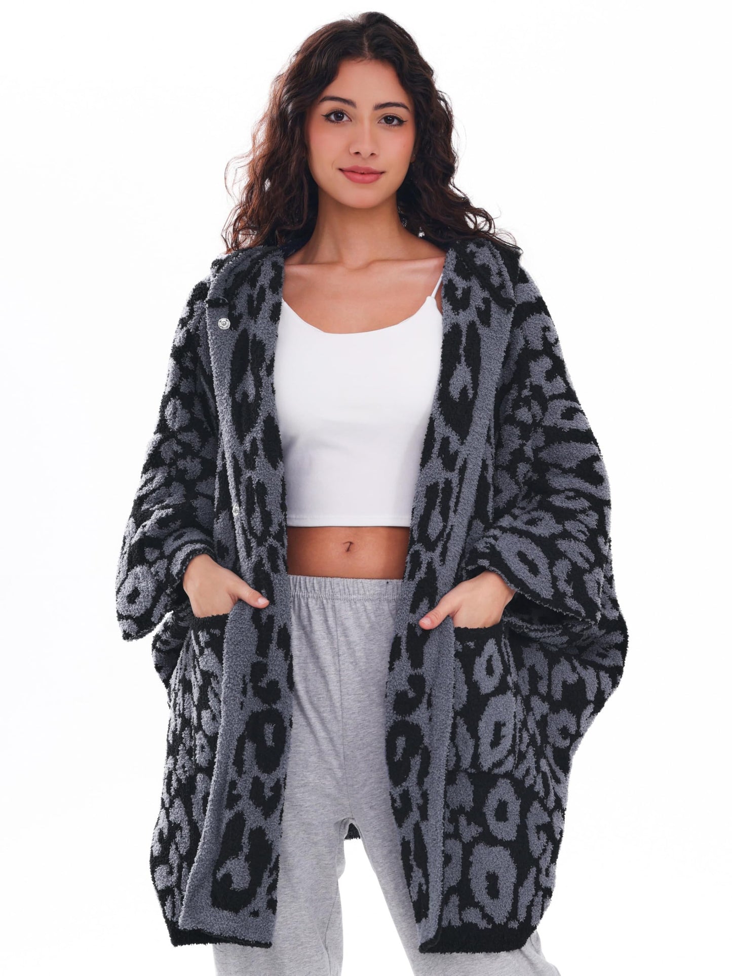 WDCOZY Wearable Blanket Hoodie Poncho Throw Comfy Soft Warm Cape Shawl Cozy Cloak Wrap Hooded with Sleeves For Adults Leopard