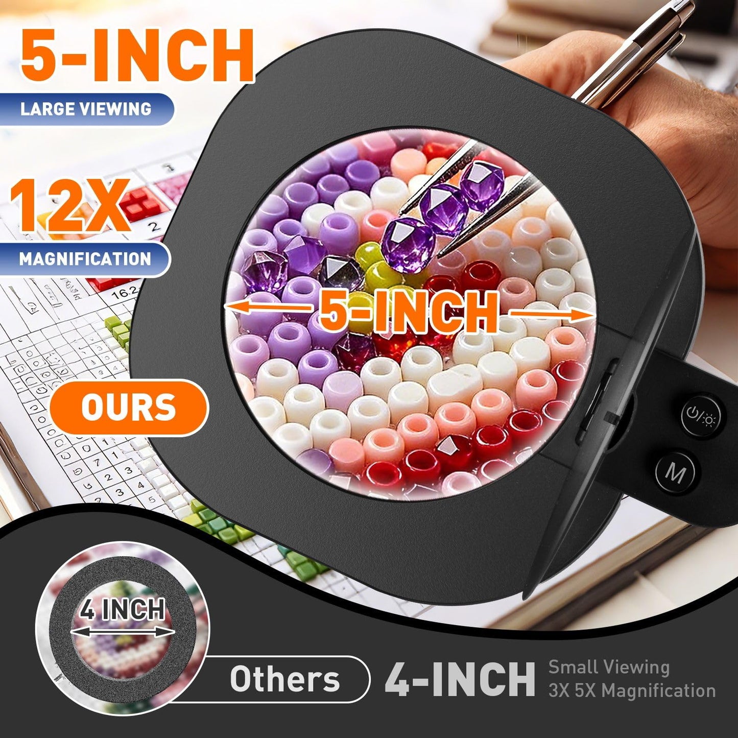 12X Large Ultra Long Magnifying Glass with Light and Clamp, 5-Inch Real Glass, 5 Color Modes, Stepless Dimmable, Hands Free LED Lighted Magnifier Stand for Workbench,Craft, Reading, Cross Stitch