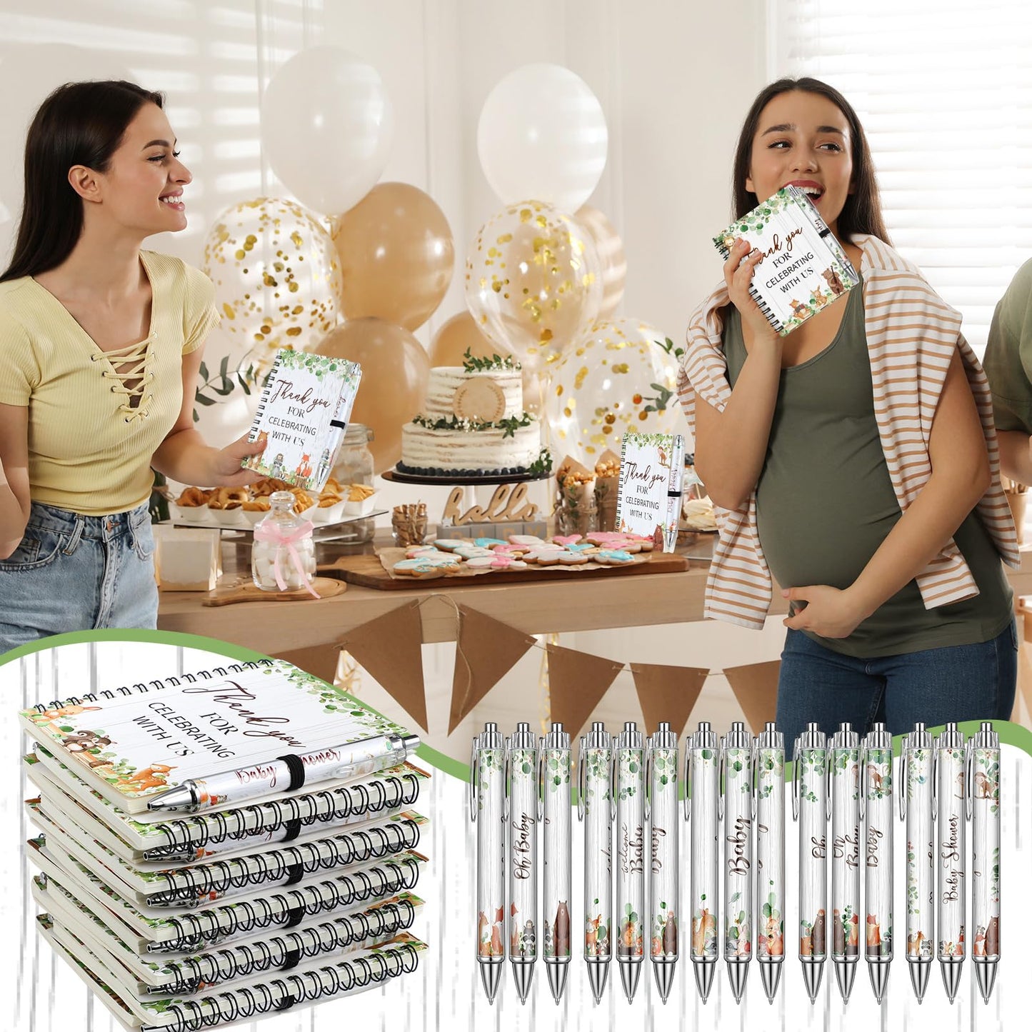 Skyygemm 60pcs/30 Set Woodland Animal Baby Shower Gifts bulk for Guests Includes Woodland Animal Small Spiral Notebook Bulk Forest Retractable Ballpoint Pen for Baby Shower Gender Reveal Guest
