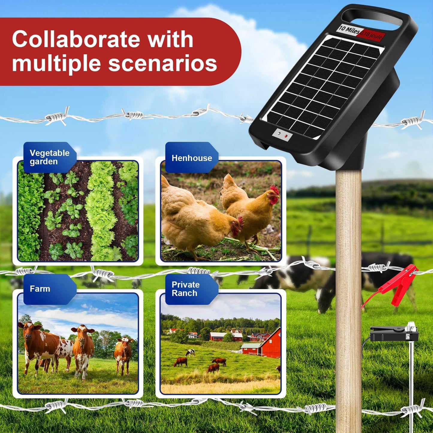 10 Miles Solar Electric Fence Charger,Output 0.18J Electric Fence Charger,24-Hour Uninterrupted Protection Solar Fence Charger,Solar Fence Energizerr That can Work for 14 Days Without Sunlight
