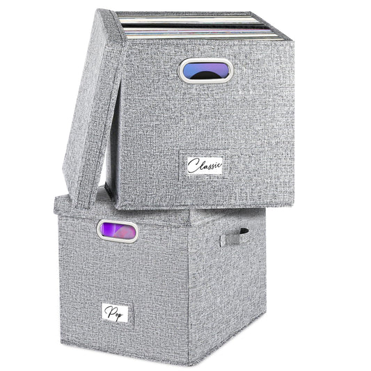 Vinyl Record Storage Box Set of 2 - for 100+ Single LPs (12-Inch), Stackable Albums Linen Crate with Lid, Play Music Collection Holder, Document File Folder Cabinet Organizer Case with Handle