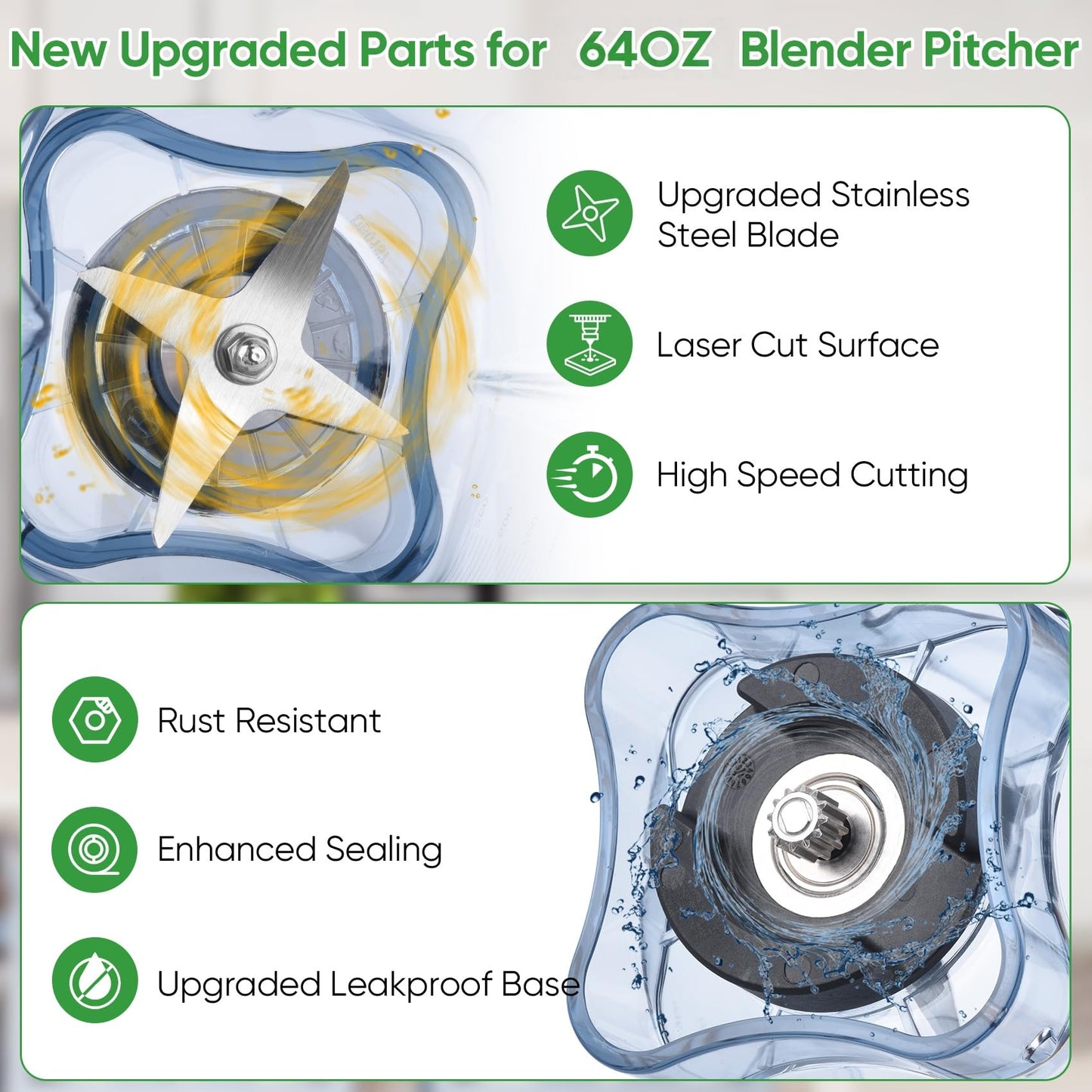 Blender Pitcher 64oz Low-Profile, Replacement Pitcher Container Jar Cup Compatible with 750, 5200, 5000, 6300, 7500, 7800, Vm0102, Vm0103, Vm0197, E310 Classic/Explorian/Commercial Series