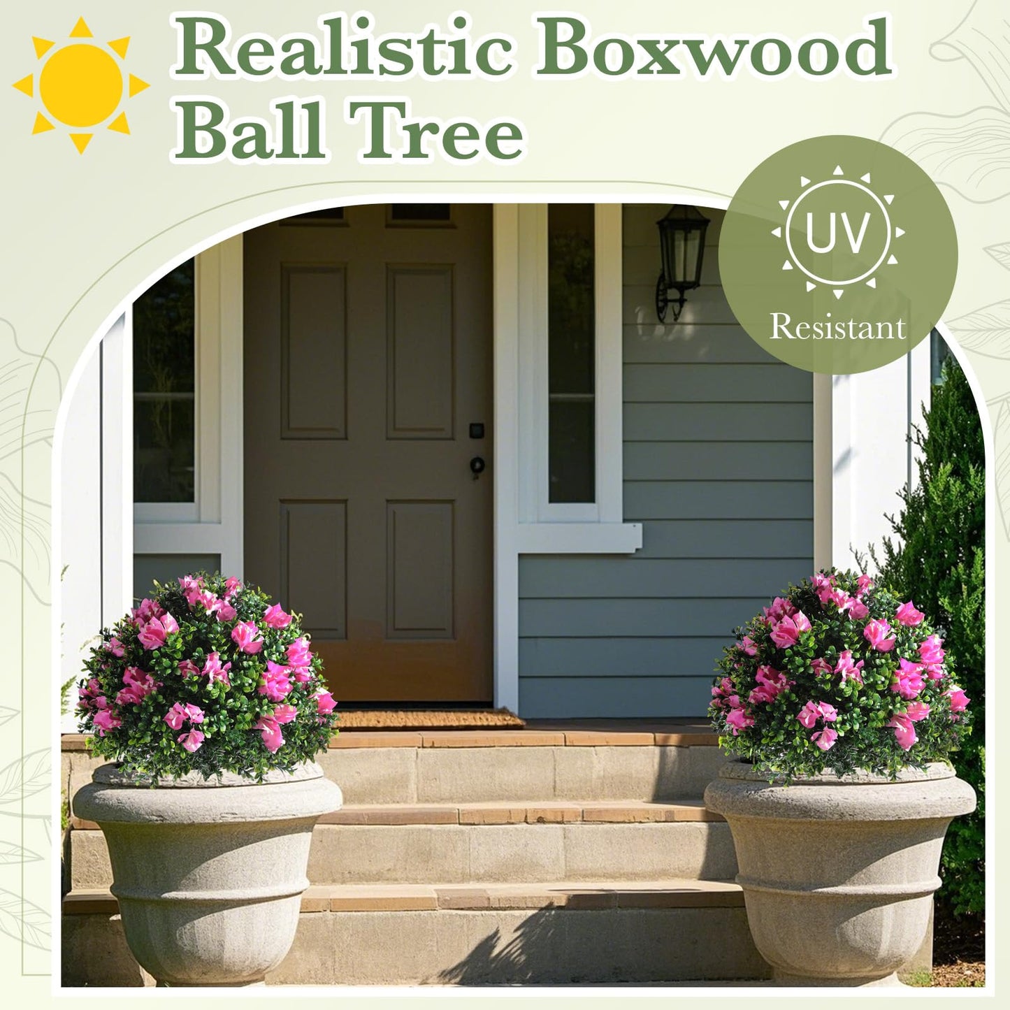 Yunlly 2 Pack 18" Artificial Boxwood Topiary Balls with Bougainvillea Flowers with Spikes, UV Resistant Faux Bushes Outdoor Plants Fake Shrubs for Garden, Yard, Front Porch, Patio Decor (Pink)