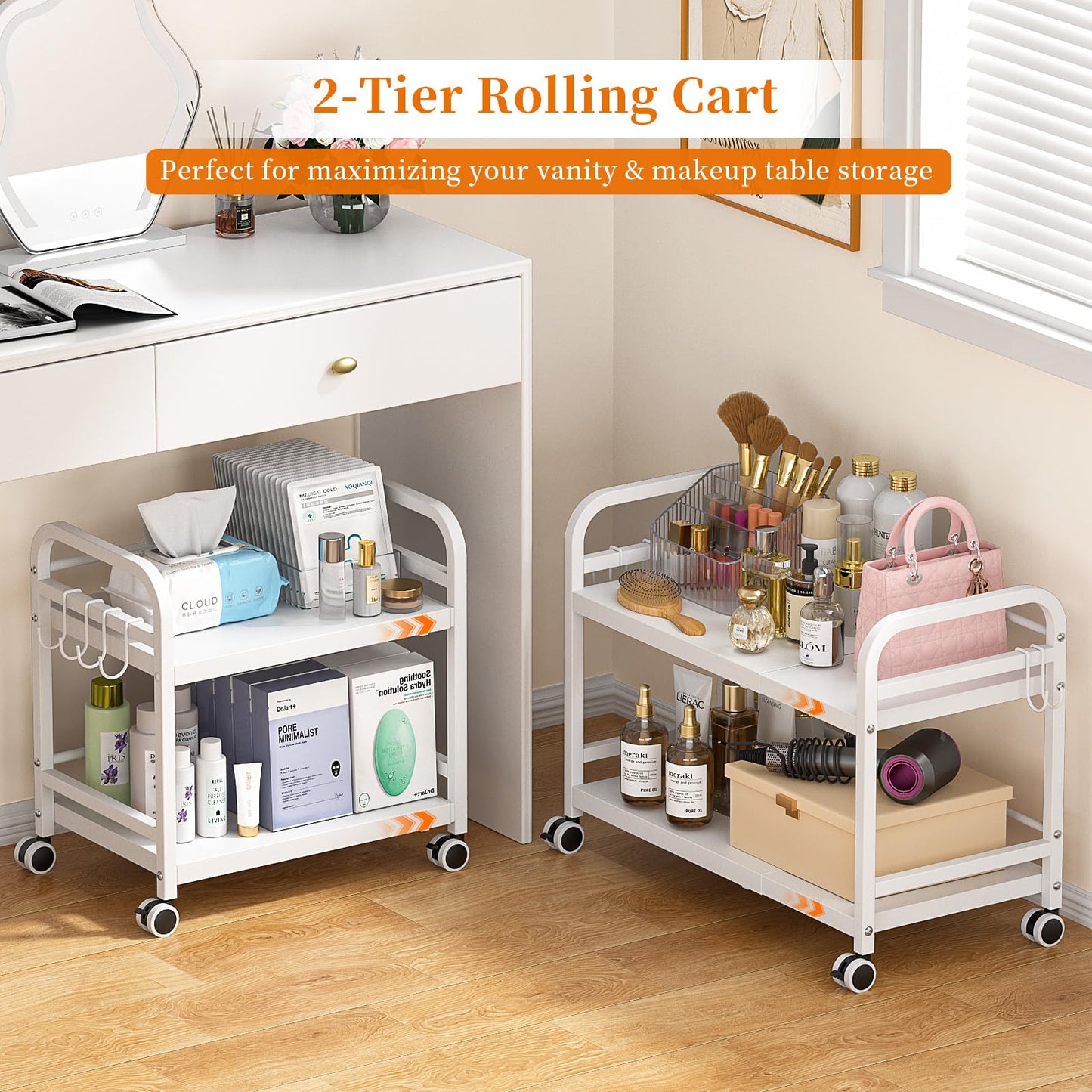 DAOUTIME 2-Tier Expandable Rolling Cart, Pantry Storage Cart with Wheels, Adjustable Rolling Pantry Floor Organizer, Metal Under Desk Cart, Sturdy Can Storage & Snack Organizer for Kitchen Pantry