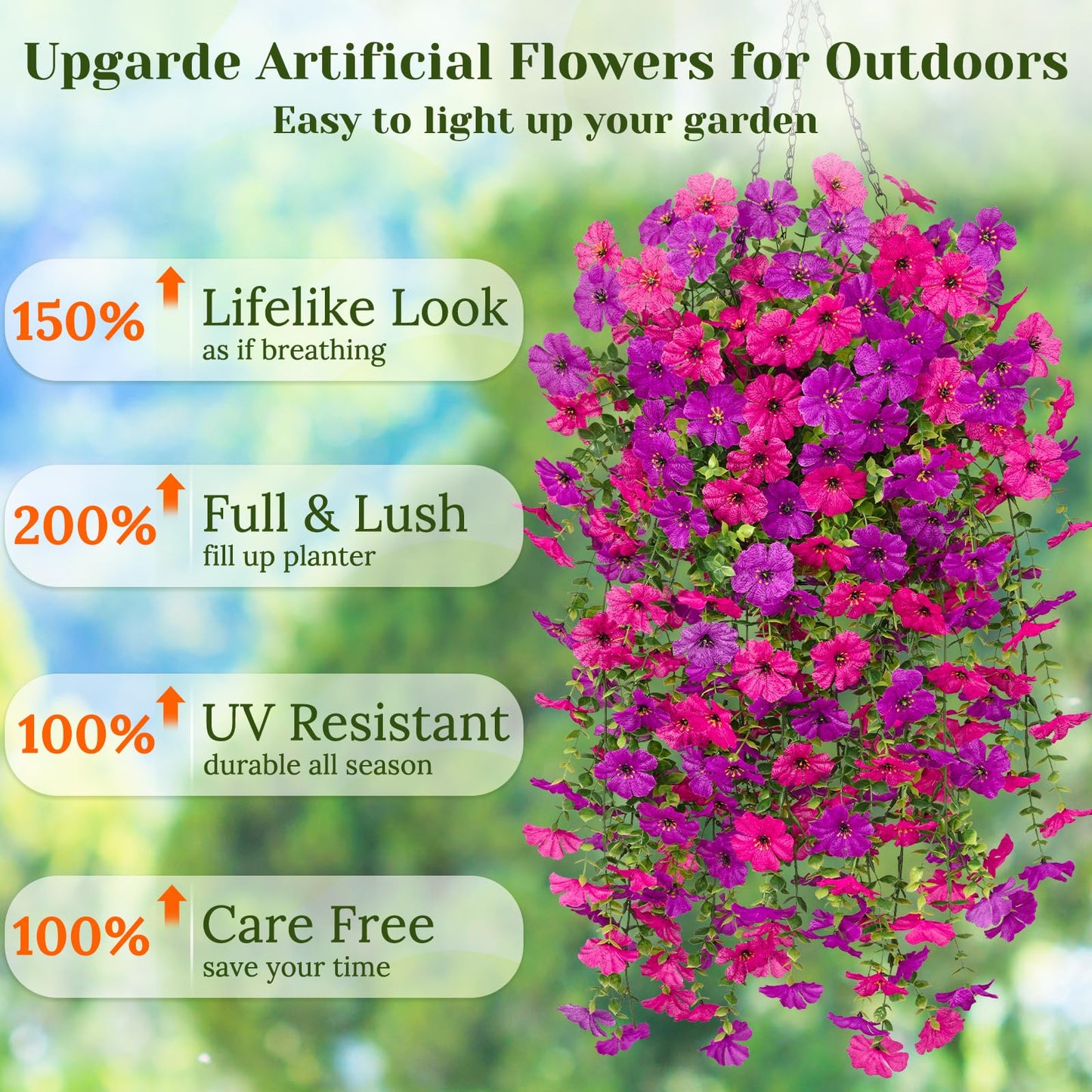 Dolicer 8 Pcs Look Real Artificial Flowers for Outdoors, Realistic Fake Artificial Hanging Flowers for Outdoors UV Resistant Silk Faux Hanging Plants Flowers for Porch Patio Garden (Purple+Fuchsia)