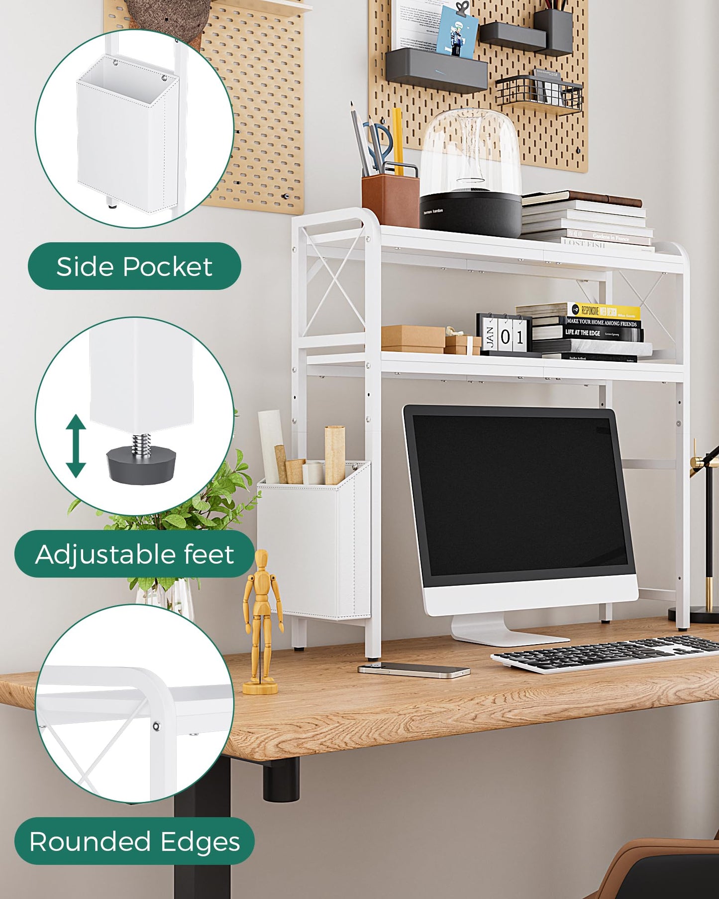 VERSASKY Desktop Shelves, Monitor Stand with Adjustable Shelves and Side Pockets, 2-Tier Desktop Bookshelf Organizer, Large Capacity Display Shelf Rack, Desk Hutch for Home Office, Study Room, White