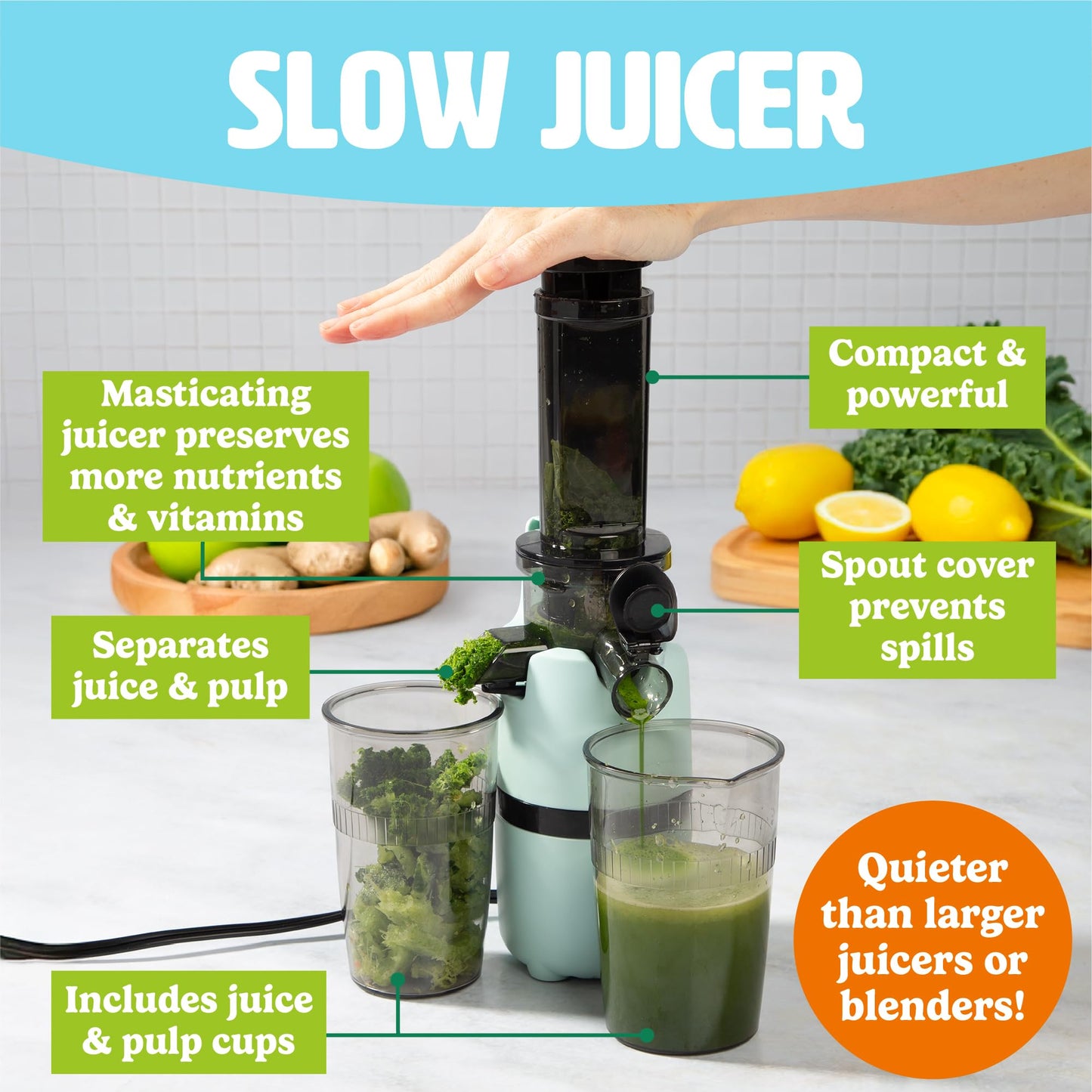 Tasty Slow Juicer, Compact Masticating Juicer with Pulp Separation, Maximum Juice Yield for Fresh, Nutrient-Rich Drinks, Easy Clean-Up & Compact Design, Aqua