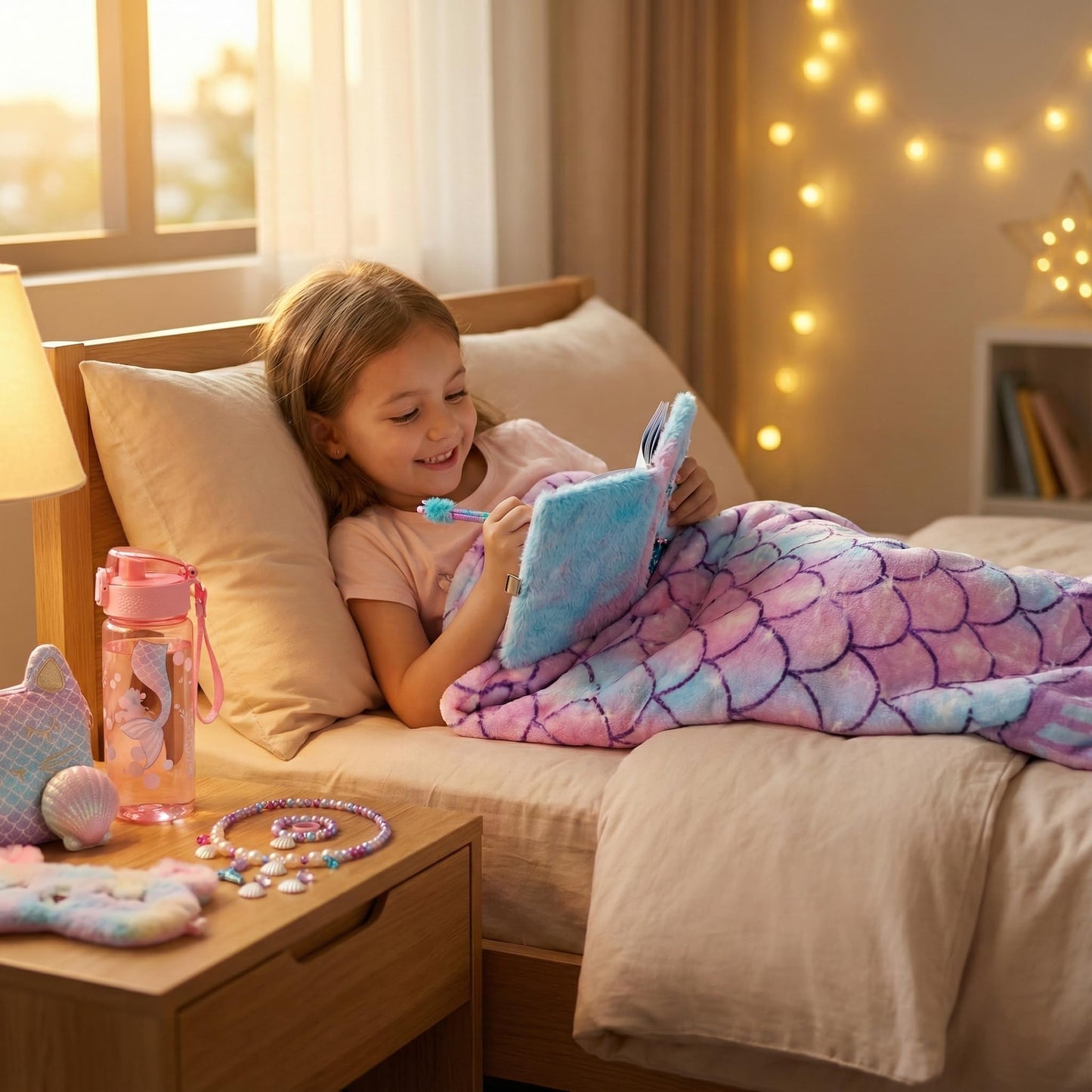 Mermaid Gifts for Girls 4-10 Year Old, 8Pc Gift Box with Mermaid Tail Blanket, Jewelry, Kids Purse, water bottle & Notebook, Birthday Toys for 4-6 8-10 Year Old Girl, Safe Non-Toxic Stationery Set