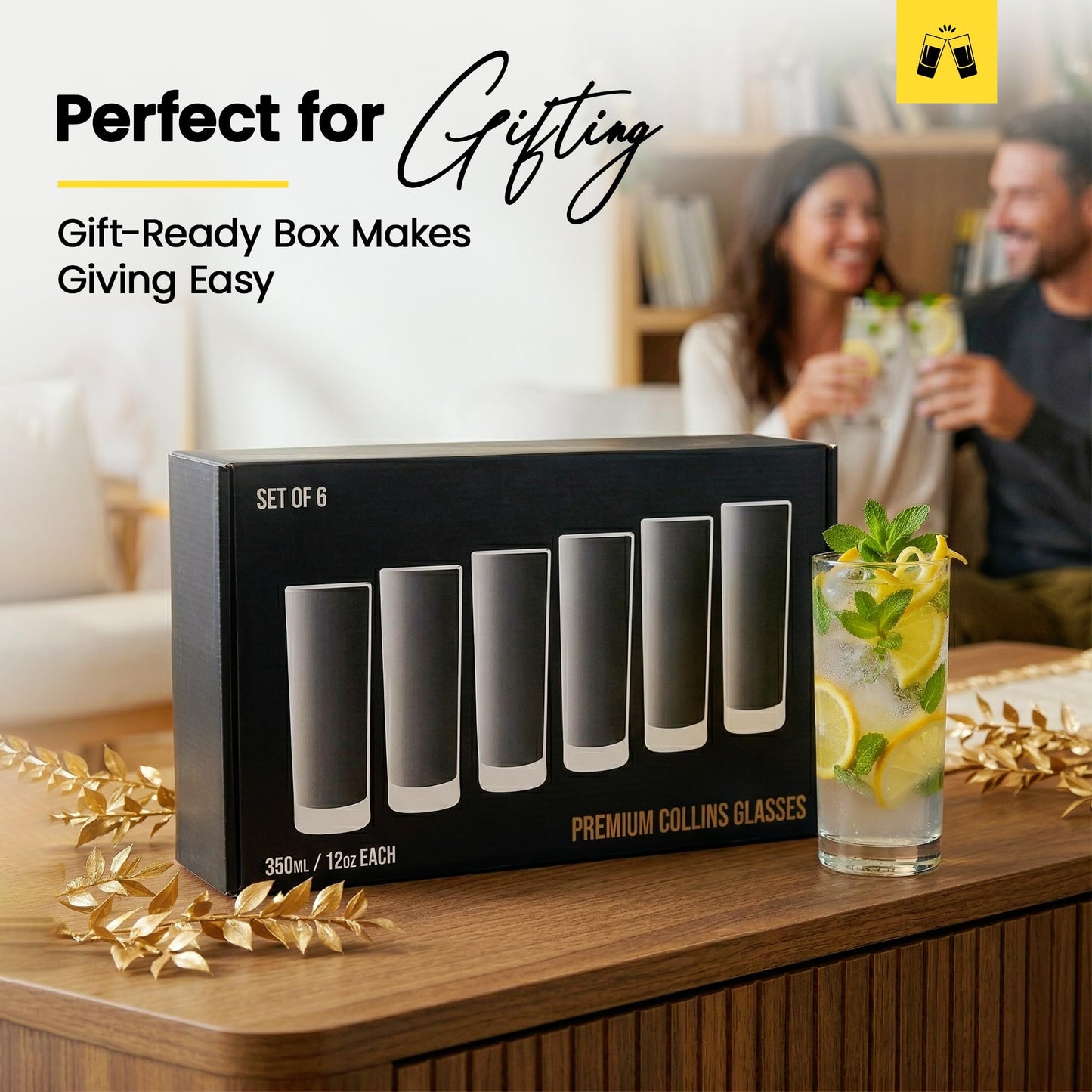 LEMONSODA Premium Highball Glass Set | Tom Collins Glasses 12oz Set of 6 | Lead-Free Glass with Heavy Base | Dishwasher Safe Cocktail Glasses for Mojito Whiskey Iced Tea | Modern Durable Bar Glassware