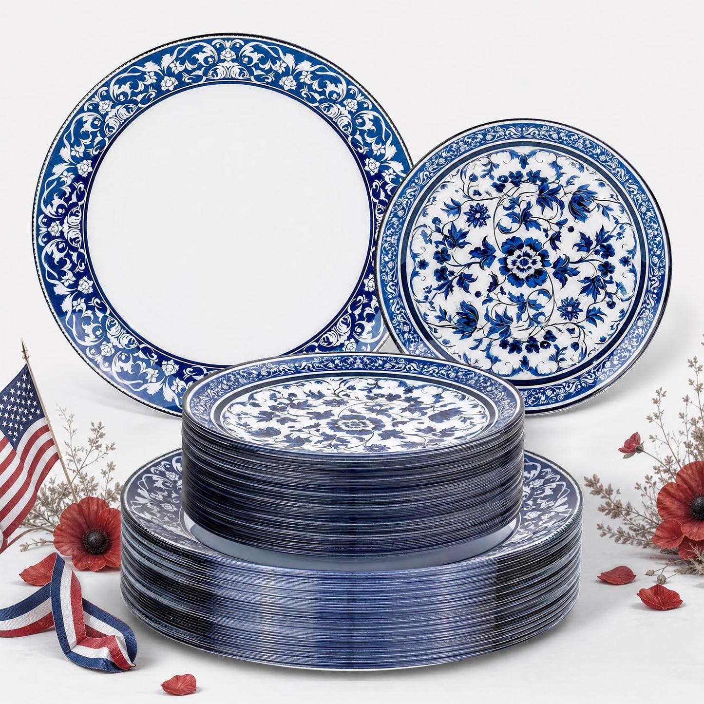 Hioasis 60pcs Blue Plastic Plates Set - Floral Blue & White Porcelain Design, 10.25" Dinner & 7.5" Dessert Plates Disposable for Memorial Day & Wedding (Dishwasher Safe, Art Style)