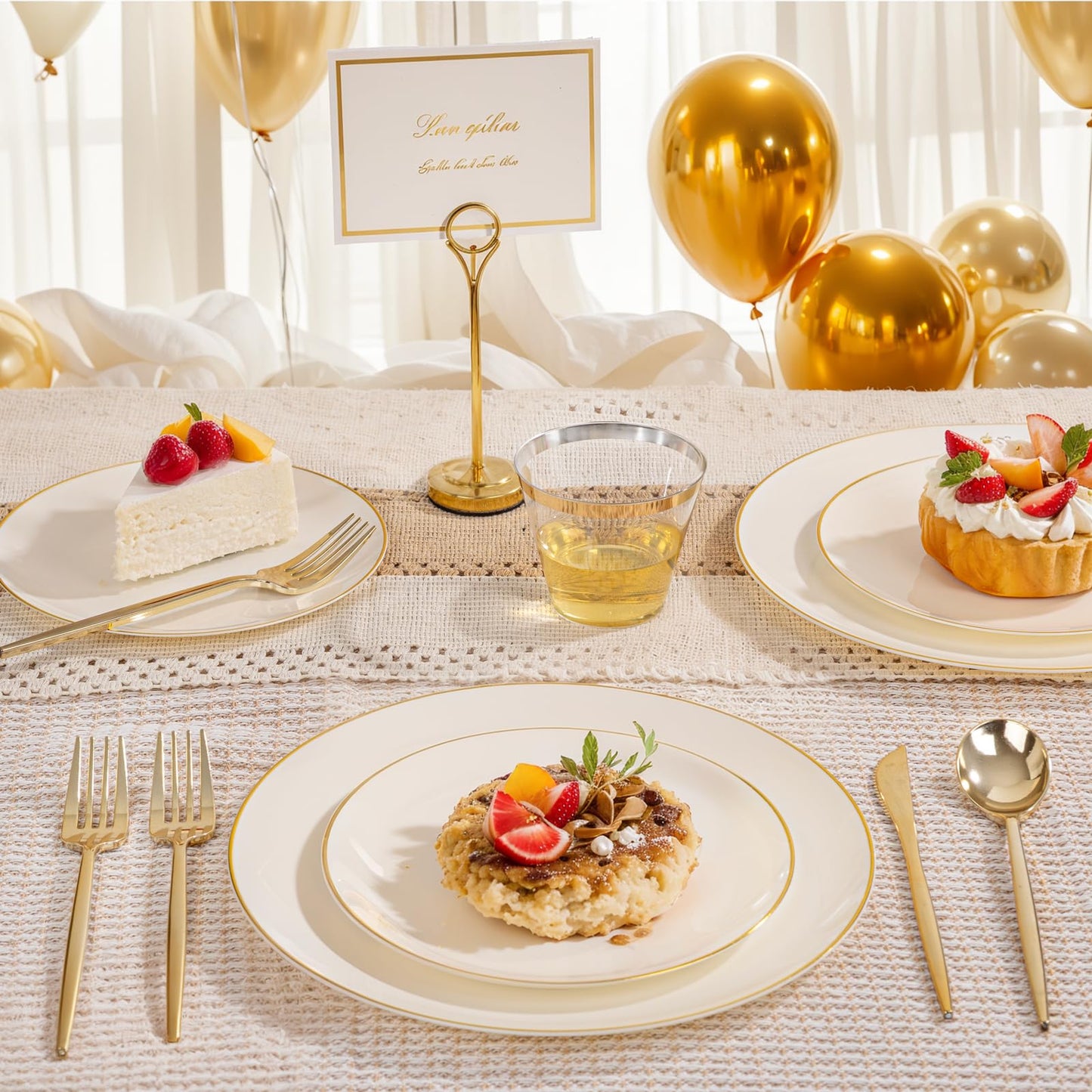 bUCLA 150PCS Ivory Plastic Plates with Gold Trim - Heavy Duty Cream Plastic Disposable for Party & Wedding - Include 25 Each（Dinner & Dessert） Plates, 25 Knives, 25 Forks, 25 Spoons & 25 Cups