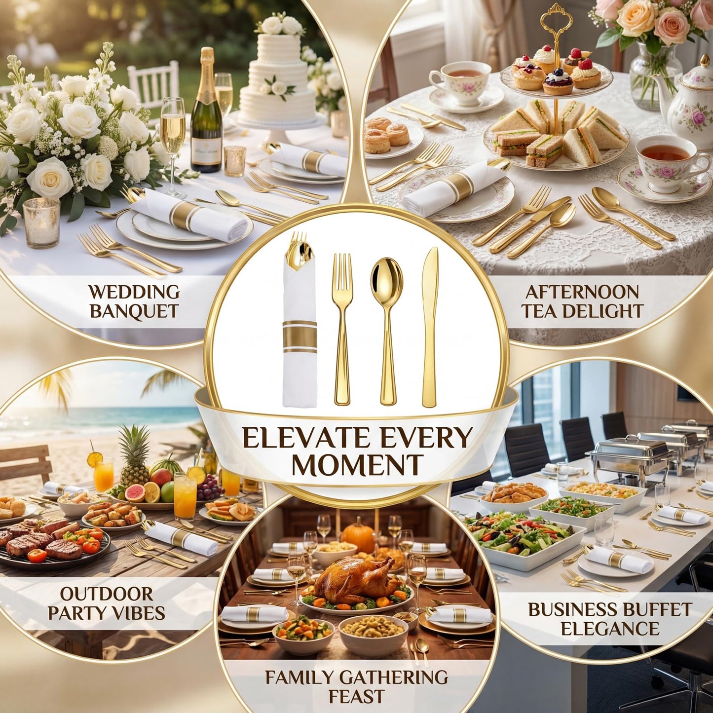 Liacere 100Pack Pre Rolled Gold Silverware and Napkin-Disposable Gold Plastic Utensils-Wrapped Plastic Cutlery Set with Napkin:100 Forks,100 Knives,100 Spoons,100 Napkins for Wedding & Graduation
