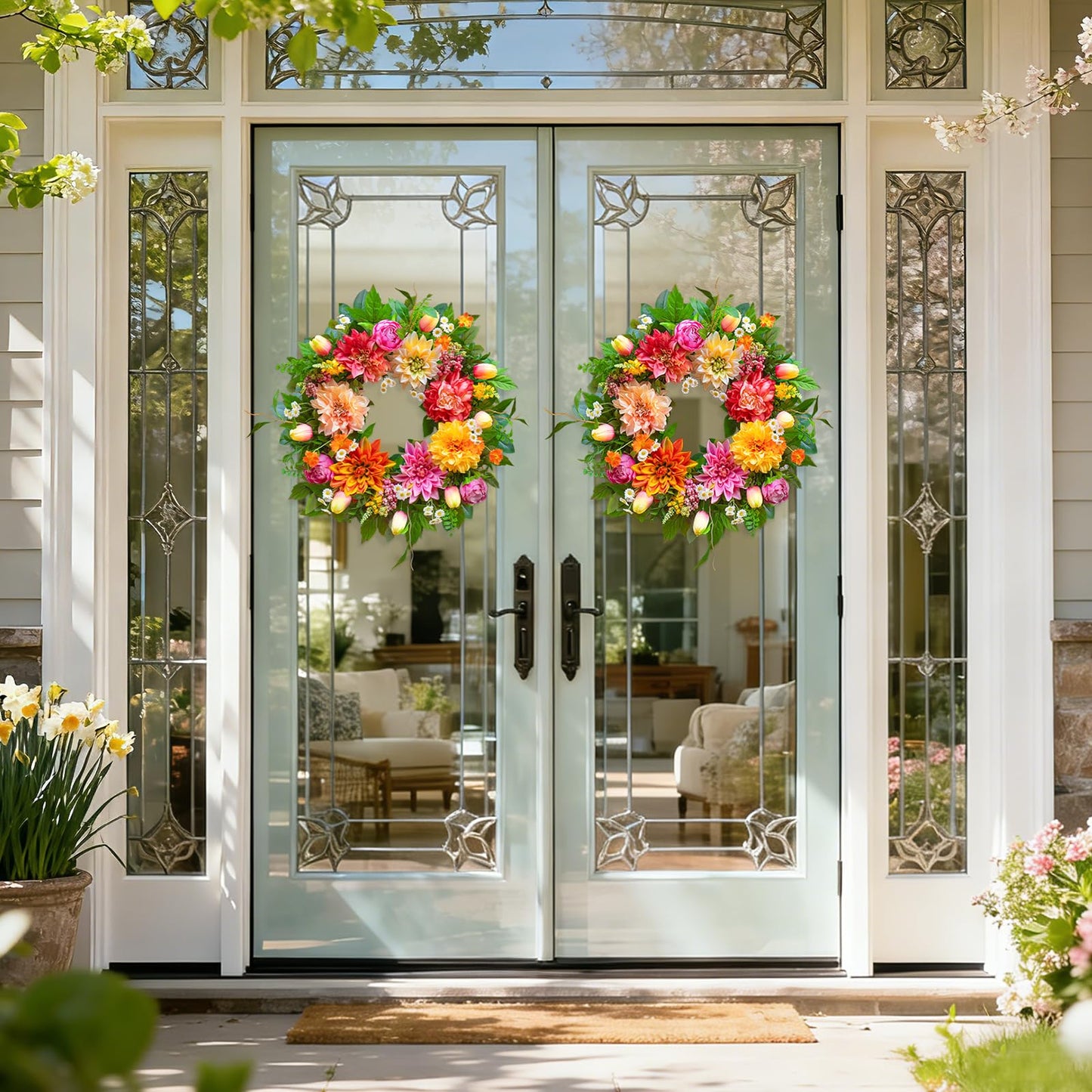 Spring Wreath 24 Inch Summer Wreaths for Front Door with Dahlia and Greenery, Wreath for All Seasons,Spring and Summer Wreaths for Front Door Outside or Indoor