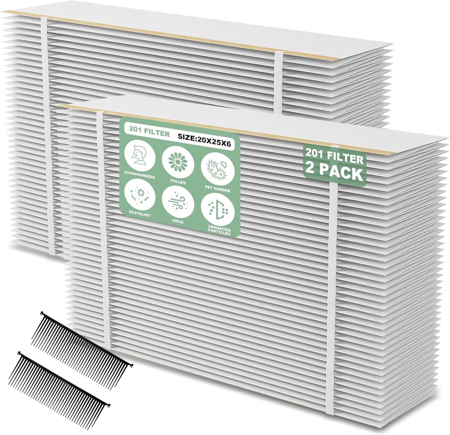 （2 Pack）201 Replacement Furnace Filter Compatible with A prilaire Space-Gard 2200,2250 Whole-House Air Purifier and X0445, 20x25x6 Air Filter Rplacement，incloud 2 Pleat Spacers