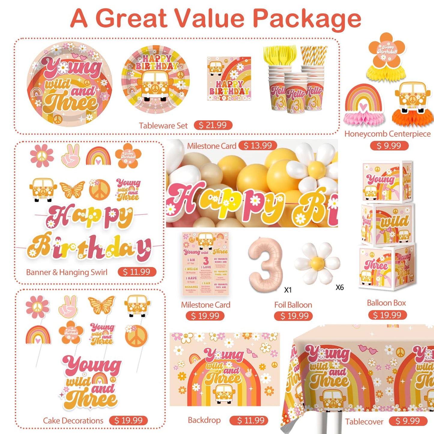 263pcs Young Wild and Three Party Decorations, Boho Groovy Daisy 3rd Birthday Decorations for Girls with Balloon Arch Tableware Backdrop Banner Tablecloth Cake Topper Balloon Box, Etc. Serves 20