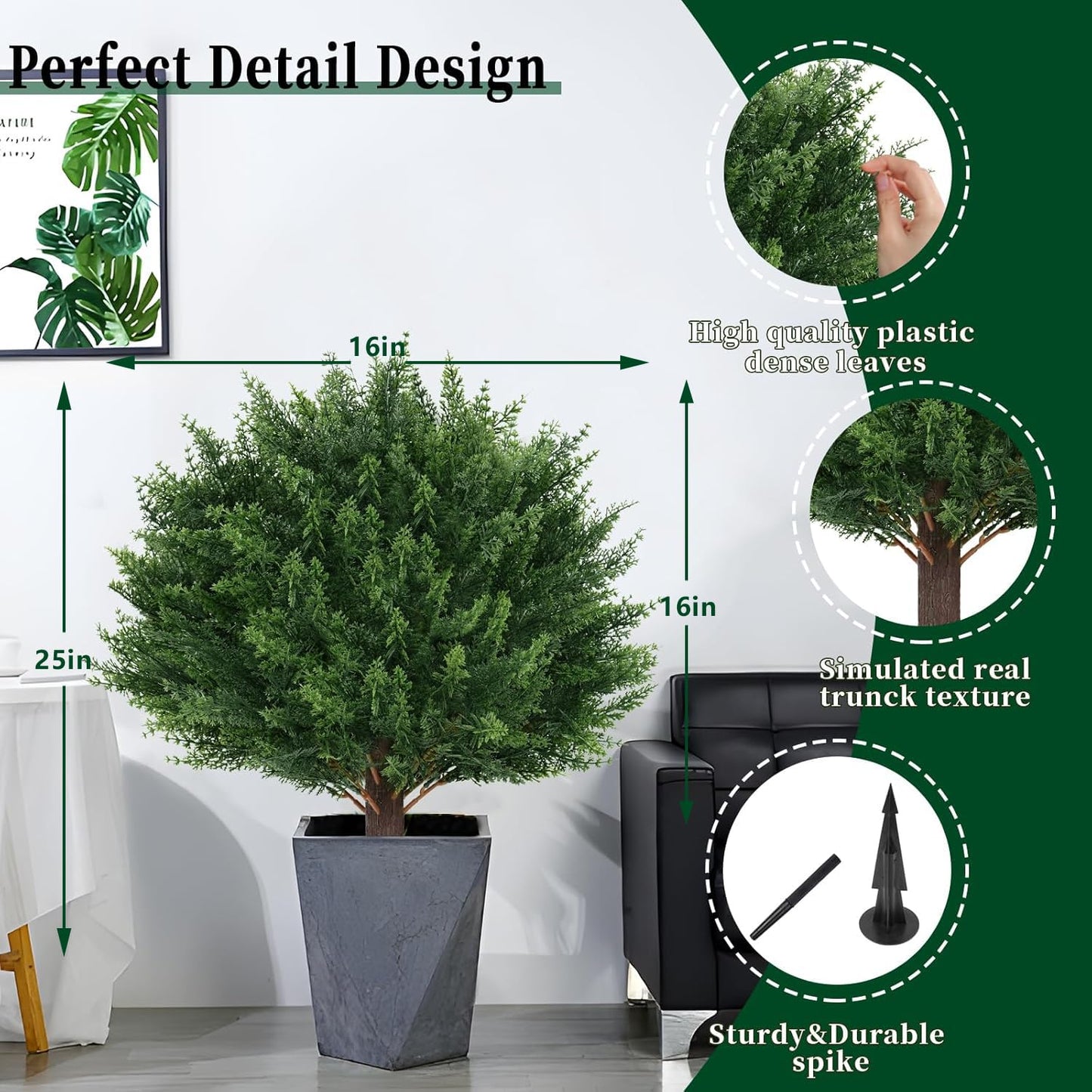 EverNature 2Pack Artificial Cedar Topiary Ball Trees, 16'' UV Resistant Fake Evergreen Shrubs Bushes Plants with Ground Spike Fake Plants for Outdoor Indoor Front Porch Garden