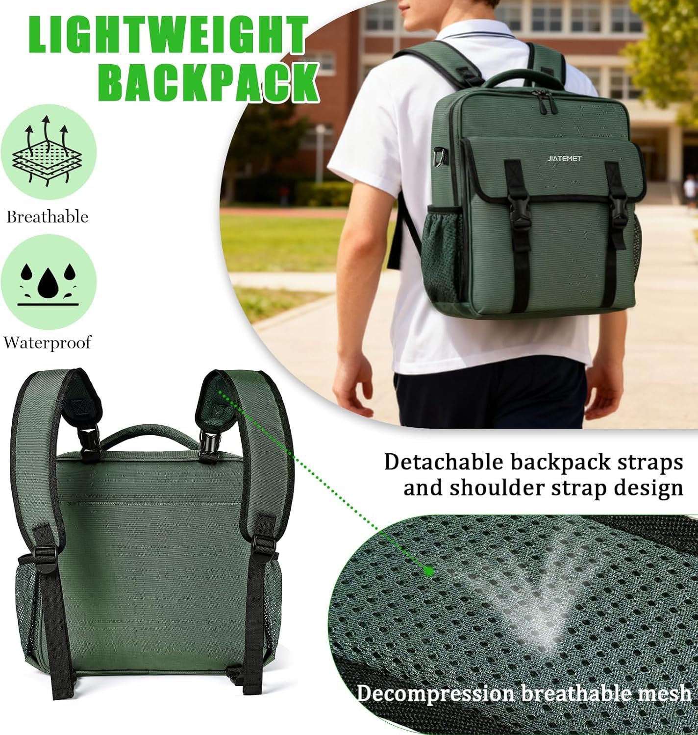 3 Ring Zipper Binder Bag for 700+ Sheets Capacity Detachable Backpack Straps & Shoulder 14 Inch Laptop for and Office (Green)