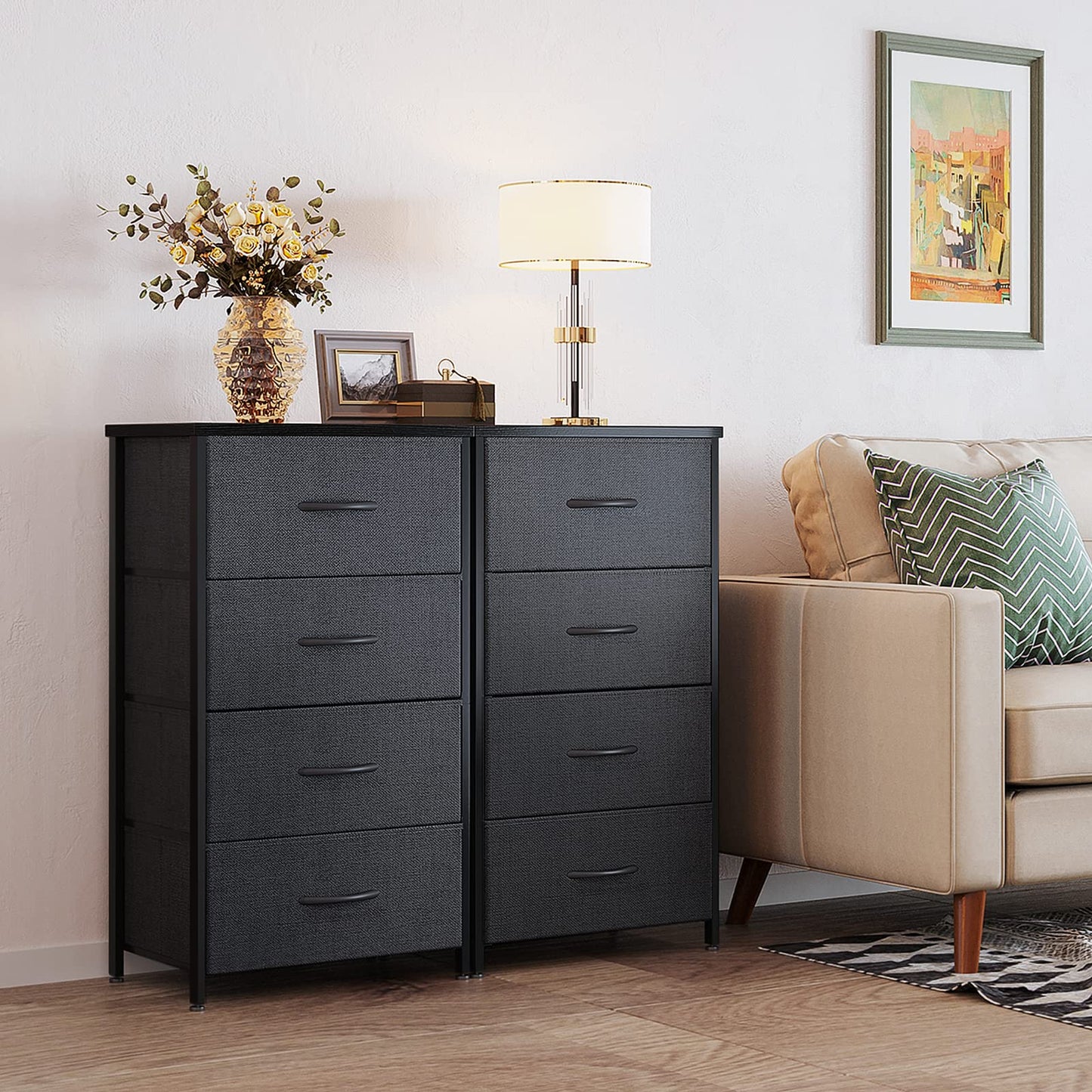 ODK Dresser for Bedroom with 4 Storage Drawers, Small Dresser Chest of Fabric Drawers with Sturdy Steel Frame for Small Space, Wood Top, Black