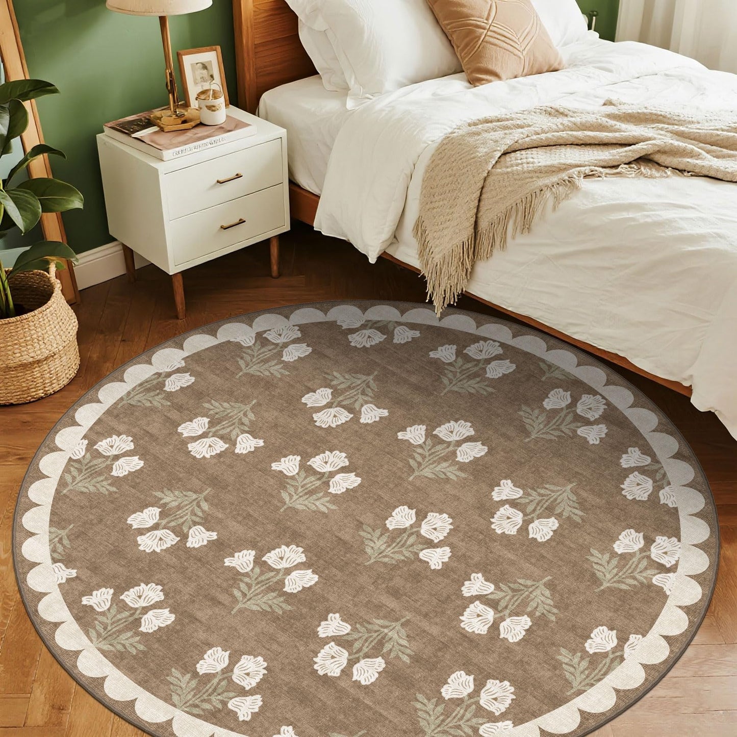 Othilic Tan Entryway Round Rug 4ft - Washable Boho Floral Neutral Farmhouse Scalloped Round Area Rug for Bedroom Non Slip Stain Resistant Circle Rugs for Living Room Kitchen Entryway Bathroom Nursery