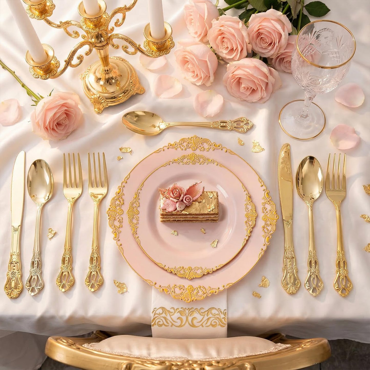 Ciaell 300PCS Pink and Gold Plastic Plates - Pink Disposable Dinnerware Sets for 50 Guests - 100 Plates, 50 Knives, 50 Forks, 50 Spoons, and 50 Napkins for Wedding, Party