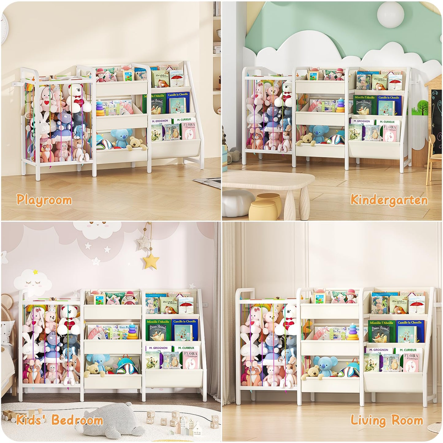 CYXPHION B2 Kids Bookshelf and Toy Storage, 3 Tier Book Shelf for Kids Rooms, Sling Toddler Bookshelf with Stuffed Animal Storage, Montessori Baby Bookcase for Nursery, Bedroom, Playroom, White