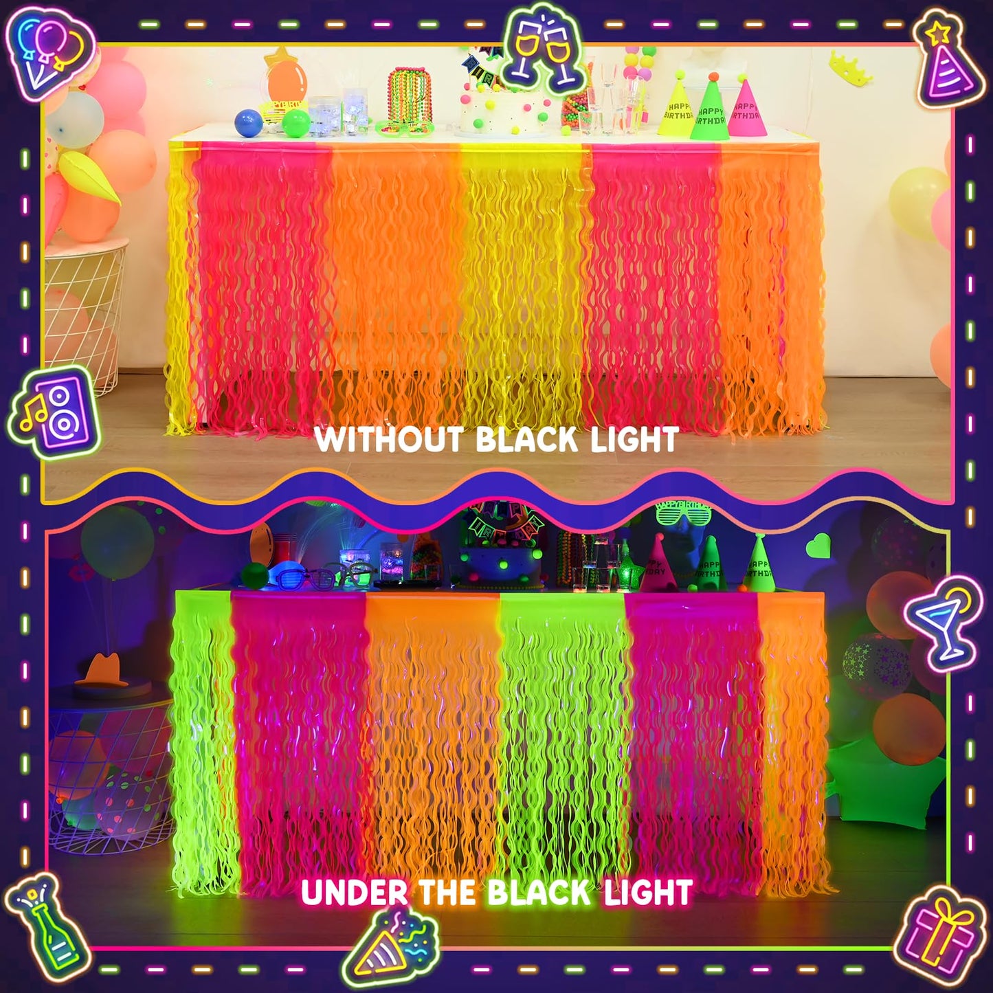 Mega-L Glow in The Dark Party Supplies, 4 Pack Neon Party Decorations Fluorescent Macaron Orange, Yellow and Fuchsia Wavy Metallic Tinsel Foil Fringe Table Skirt, Perfect Glow Birthday Party Decor