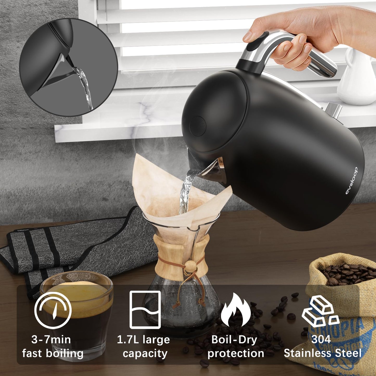 Evoloop Electric Kettles, 1.7L Tea Kettle, Hot Water Boiler Heater, Stainless Steel Electric Teapots BPA Free, Auto Shut-Off & Boil-Dry Protection, 120V/1500W-Black