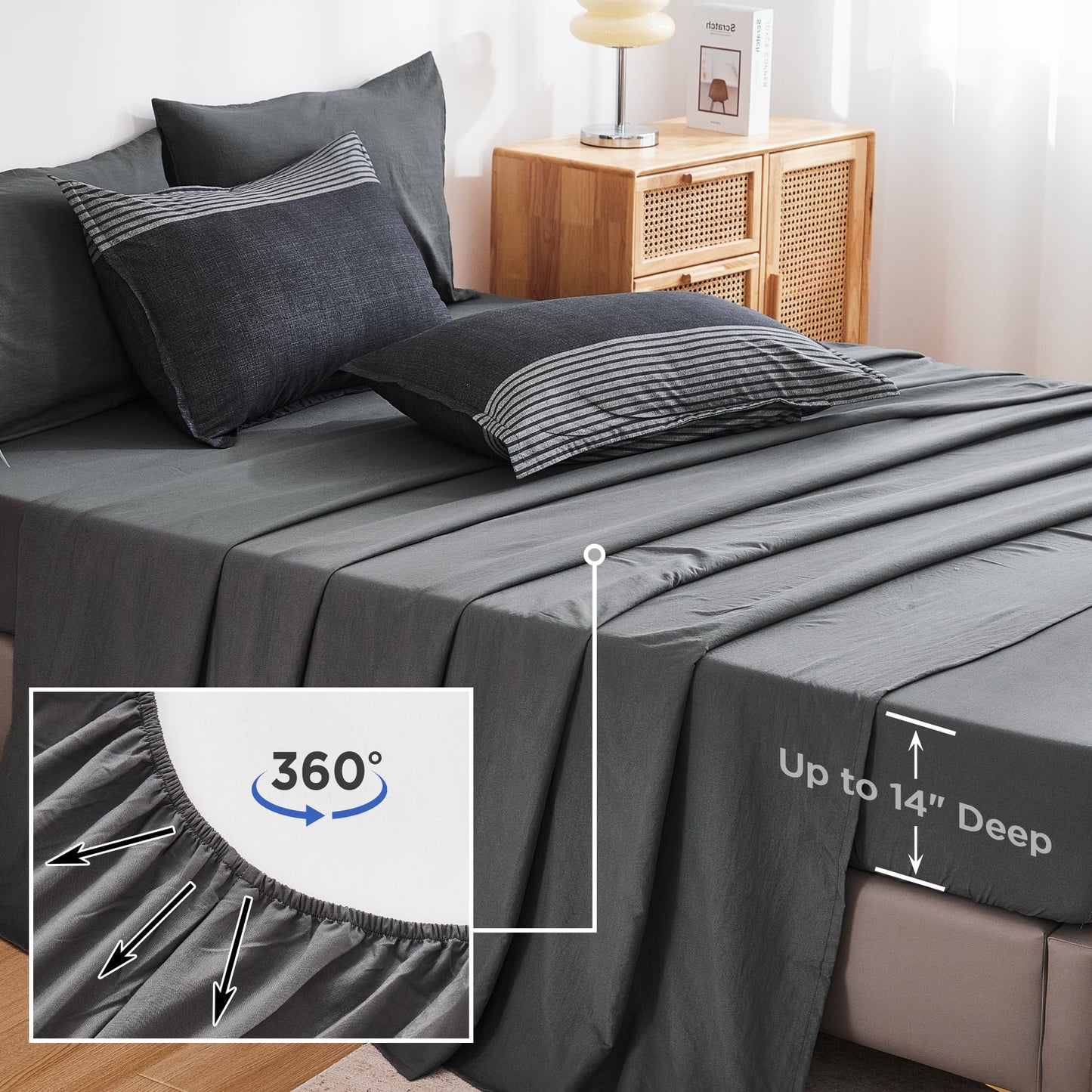 Andency Queen Comforter Set 7 Pieces Bed in a Bag - Black White Grey Striped Lightweight Soft All Season Queen Size Bedding Set with Comforter, Fitted & Flat Sheet, Pillowcases & Shams