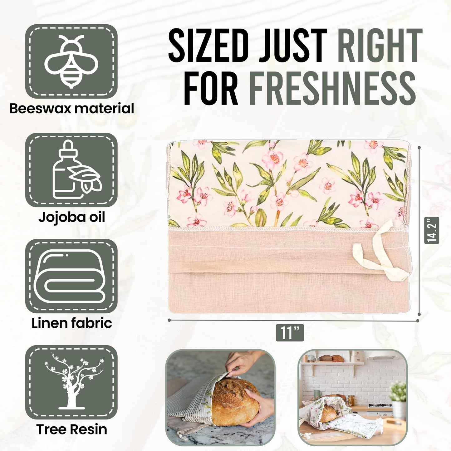 Ark & Aron Reusable Bread Bags - Pack of 2 Beeswax Bread Bags for Sourdough | Linen Bread Bag for Homemade Breads | Sourdough Loaf Bags | Cotton Food Storage Bag for Breads(Olive Leaf/Almond Branch)