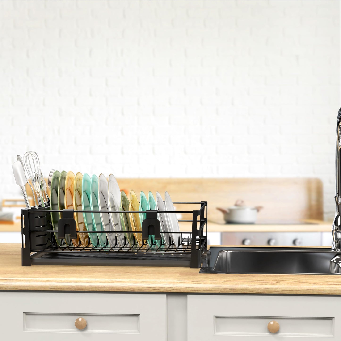 Simple Houseware Dish Drying Rack with Drainboard, Utensil Holder & Mug Hooks, Black Metal Kitchen Counter Organizer
