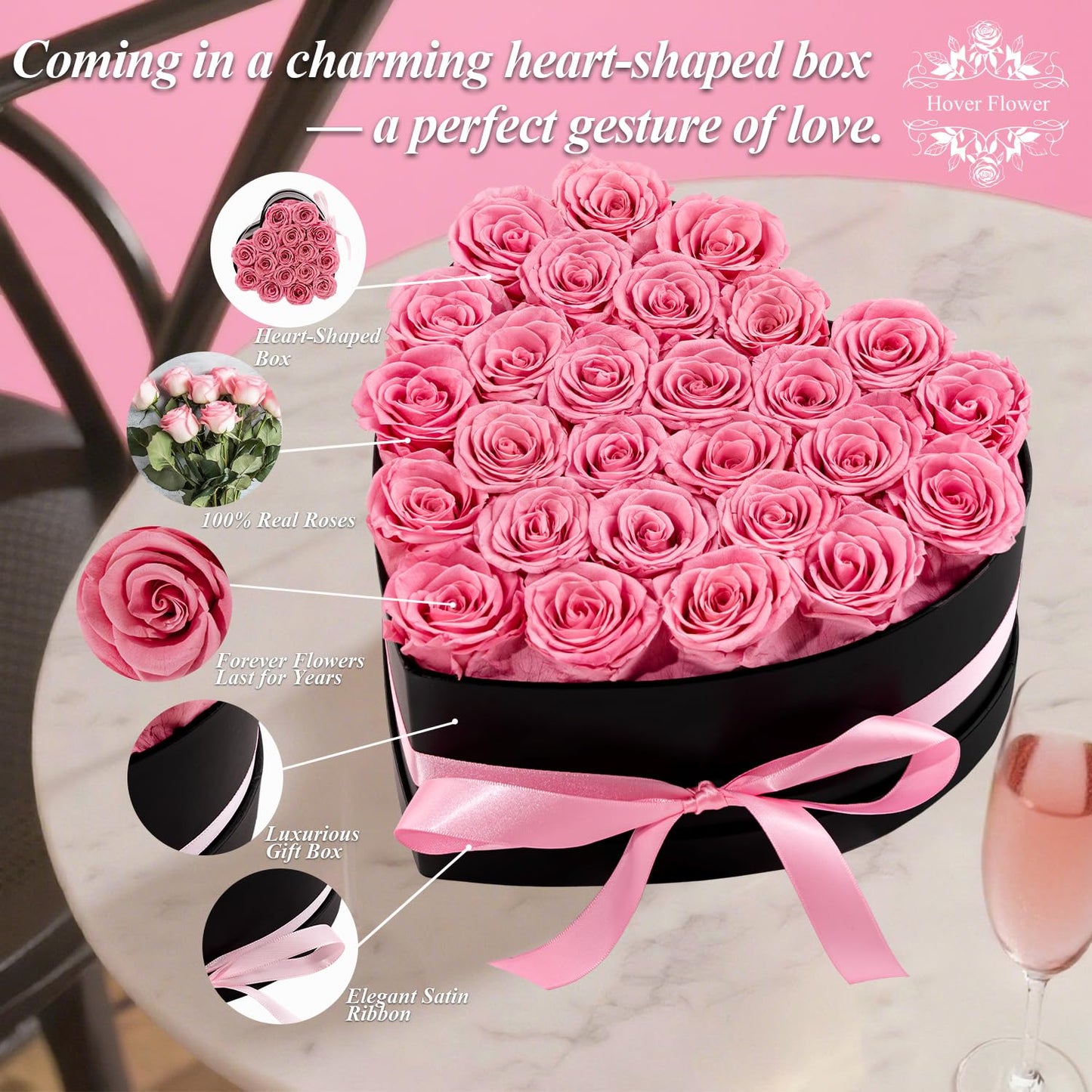 Hover Flower 27 Forever Preserved Flowers in a Box, Vanlentines Day Gifts for Her, Eternal Roses Flowers for Delivery Prime, Birthday Gifts for Women Mom Grandma Wife (Pink)