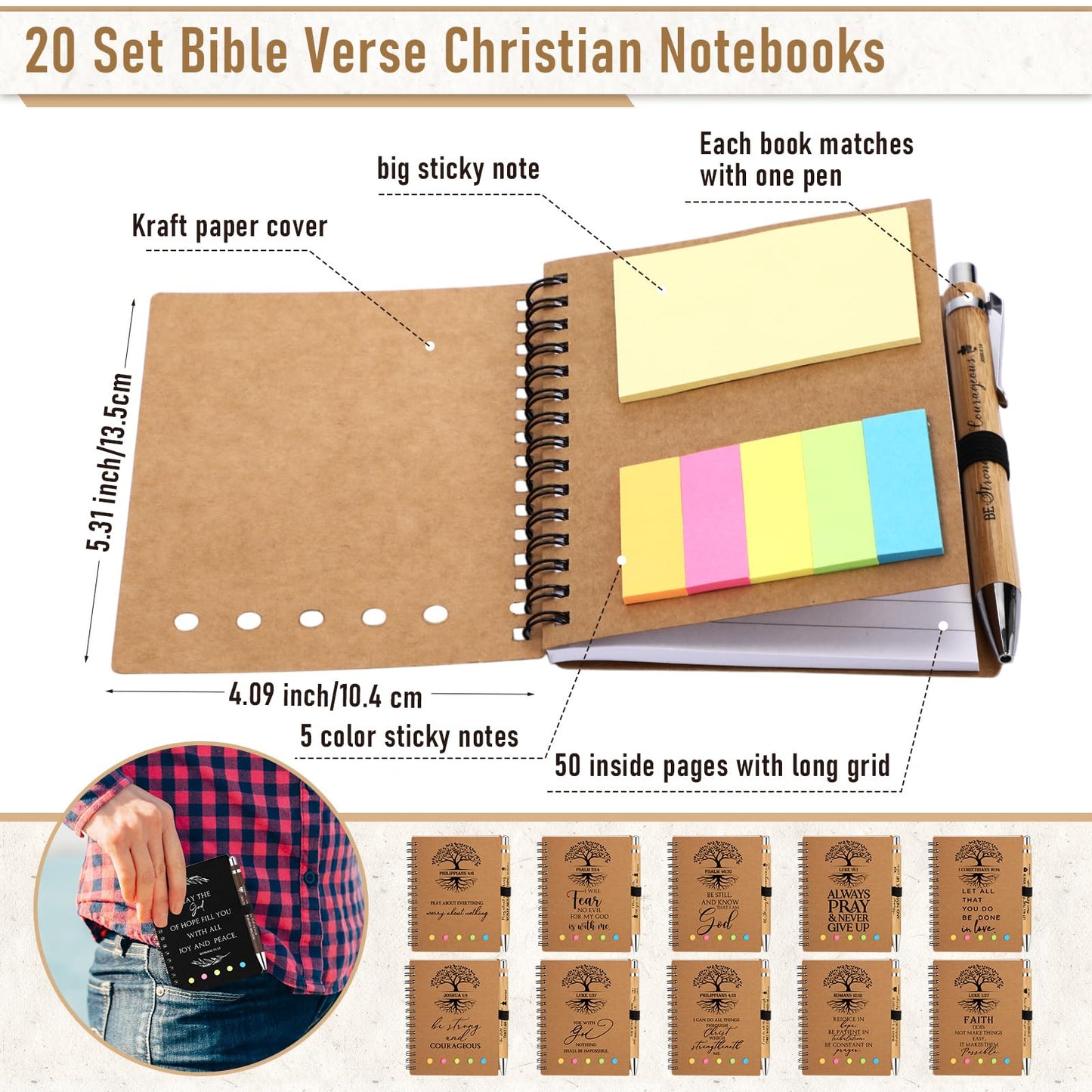 Kosiz 40 Pcs/20 Set Fathers Day Church Gifts Bulk, Christian Bible Prayer Journal with Sticky Note, Bamboo Pens, Spiral Notebook 5.3 x 4.1 in Faith Based Gifts for Study Groups(Kraft,Tree of Life)