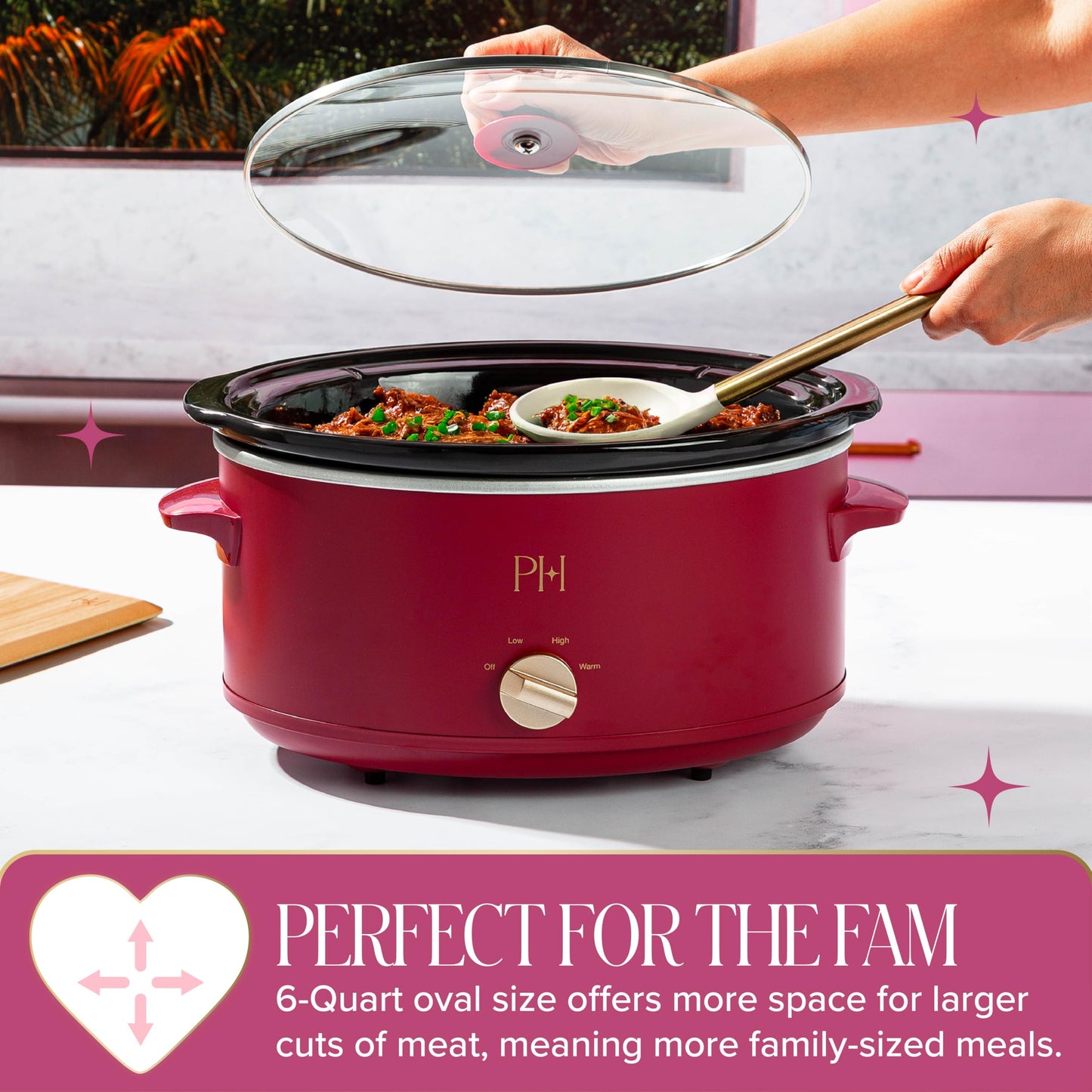 Paris Hilton 6-Quart Manual Slow Cooker, Naturally Nonstick Stoneware Ceramic Insert, Three Settings (Low, High, Warm), Dishwasher Safe Family Size Slow Cooker, Berry