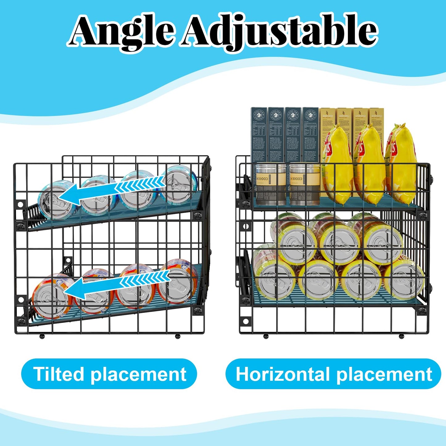2-Pack Stackable Can Organizer for Pantry Shelf, Adjustable Extra-Long Rolling Can Rack for Kitchen Cupboard Storage, Sturdy Standing Can Holder for Canned Food Goods Soda up to 128, 2 Tier, Black