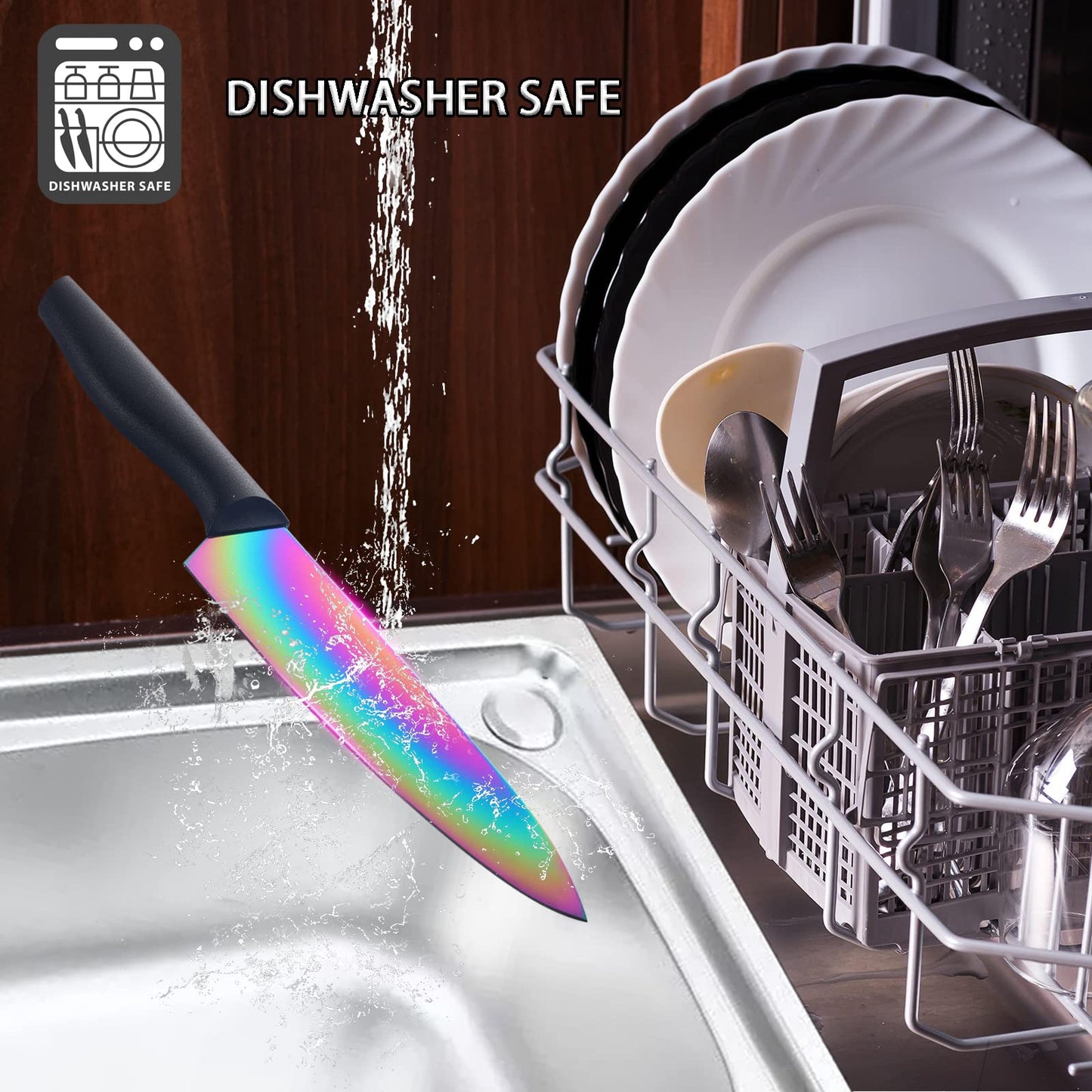 Marco Almond Knife Set with Block, 14 Piece Rainbow Titanium Knife Block Set, KYA25 Cooking Steak Knives set with Black Handle.