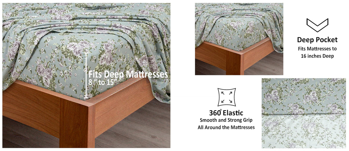 Bliss Casa 4 Piece 100% Cotton Flannel Sheets Queen Size Bed Set - Warm & Extra Soft - Deep Pockets, Breathable, All Seasons Comfy - Double Brushed Bed Sheet (Blossom)