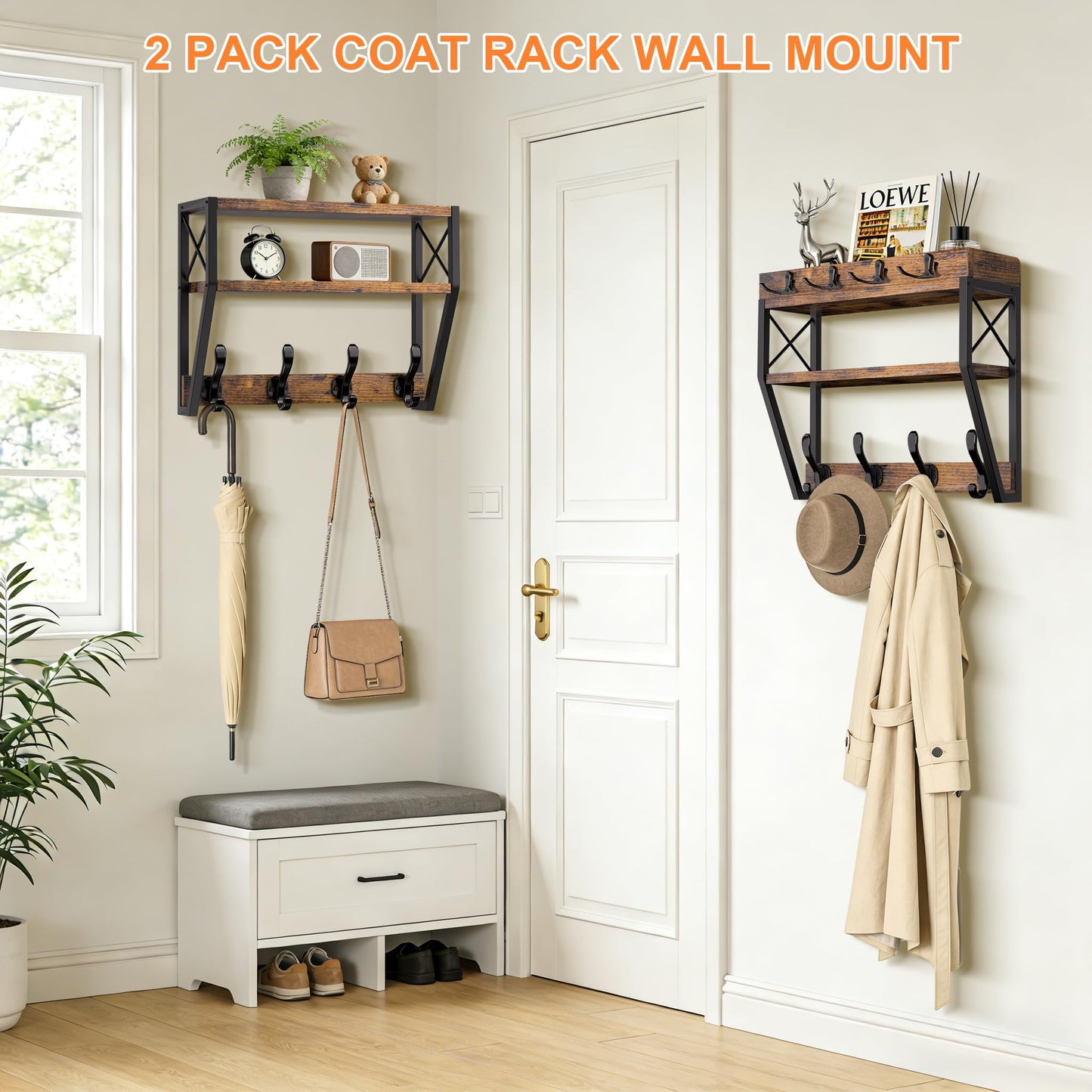 Upgraded 3-Tier Large Coat Rack Wall Mount with Shelf, 4 in 1 Versatile Coat and Key Hanger Wall Mount, 32-inch Entryway Wall Shelf with 12 Hooks and Mail Holder for Living Room Bedroom Bathroom