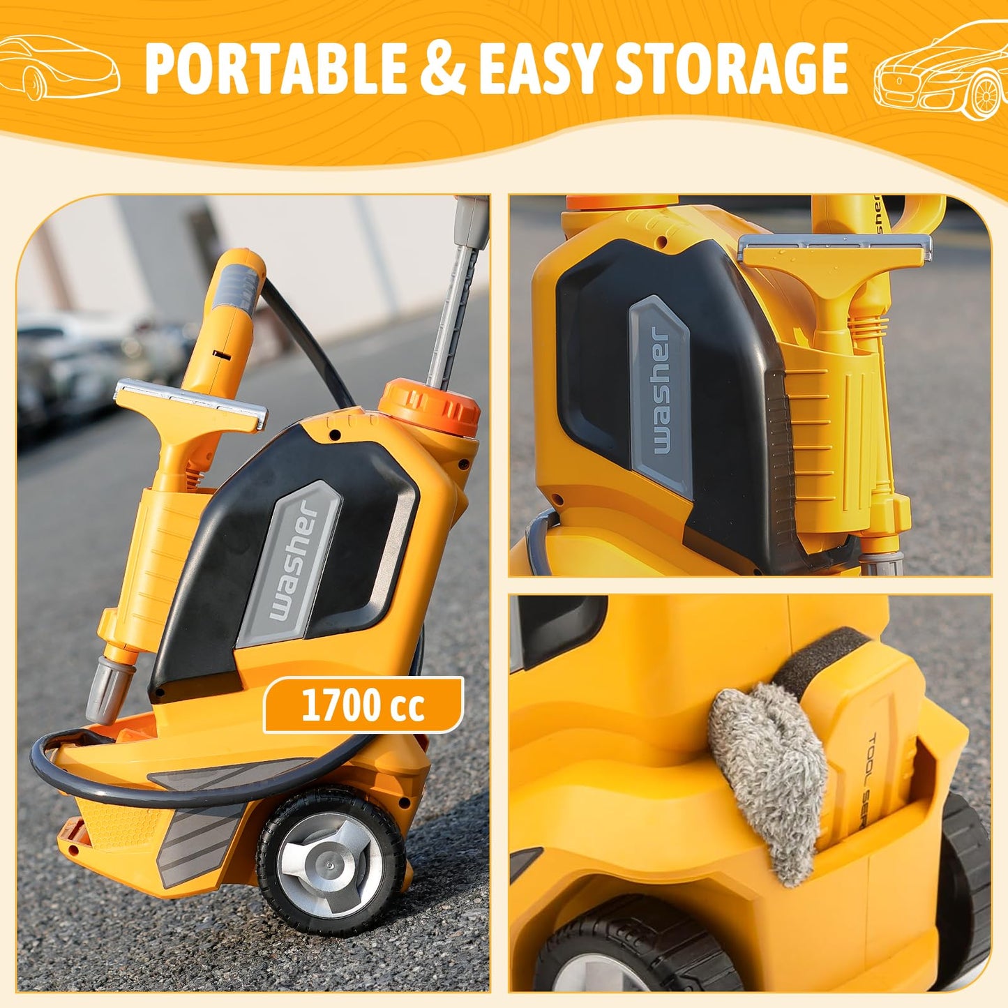 Kids Clean Car Wash Toy - Kids Power Washer with Scraper Sponge Towel, Manual Pressure, Adjustable Water Gun Spray, Pretend Play Tools Role Playing Cleaning Toys Gift for Toddler Boys Girls Ages 3+