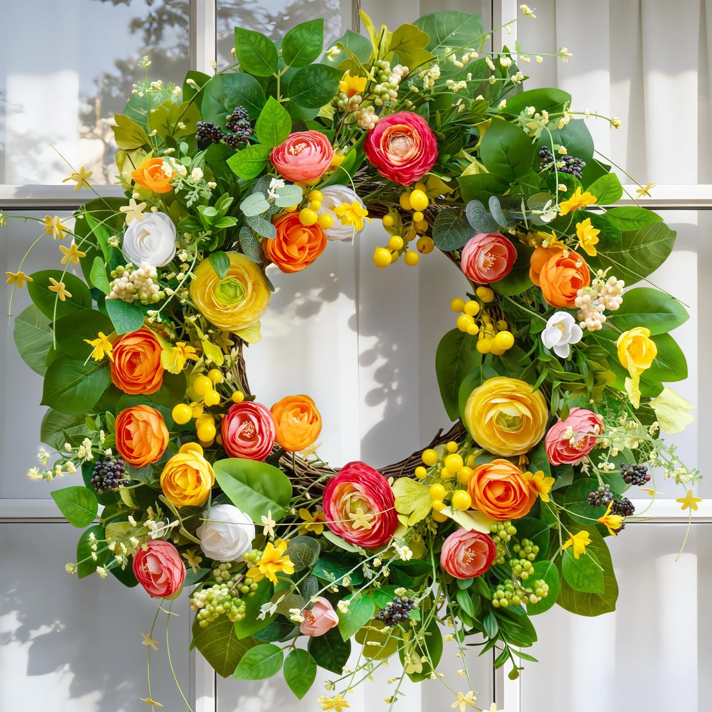Spring Summer Wreaths for Front Door Outside 24 Inch, Summer Wreath Outdoor with Lotus and Berries, Green Floral Door Wreath for All Season Home Wall Wedding Farmhouse Holiday